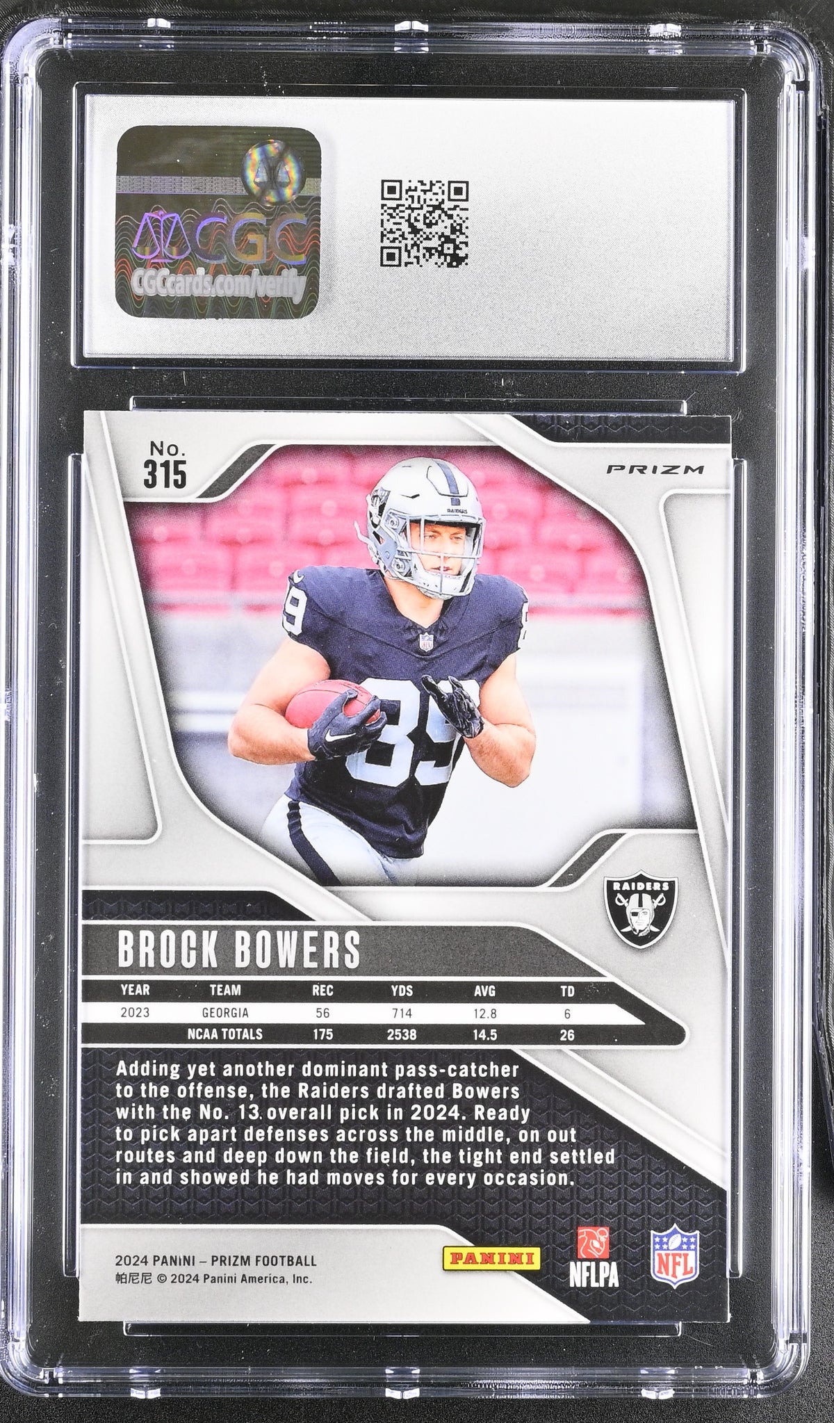 2024 Panini Prizm Brock Bowers Green Wave Rookie #315 CGC 10 Las Vegas Raiders