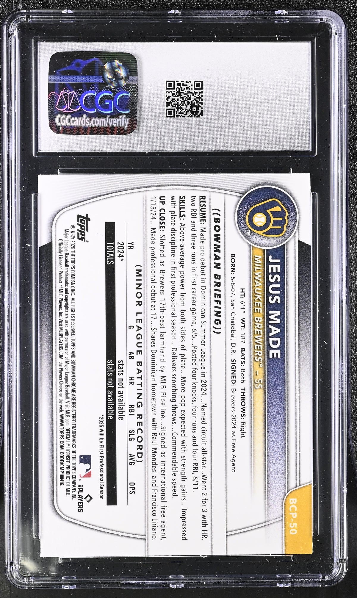 2025 Bowman Jesus Made X-Fractor Rookie Chrome Prospects #BCP-50 CGC 10 Brewers