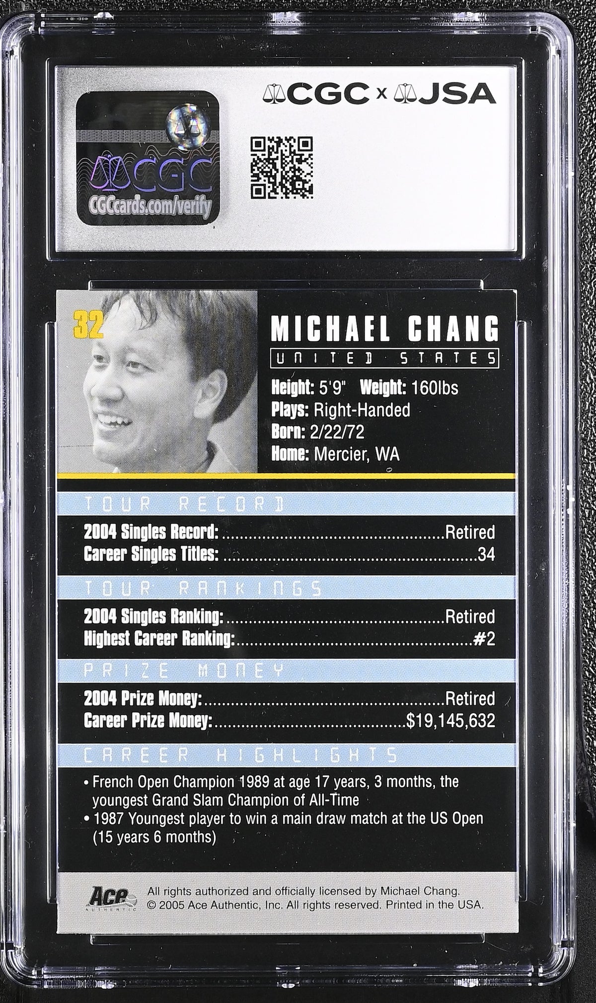 2005 Ace Authentic Debut Edition Michael Chang Auto #32 CGC Authentic JSA