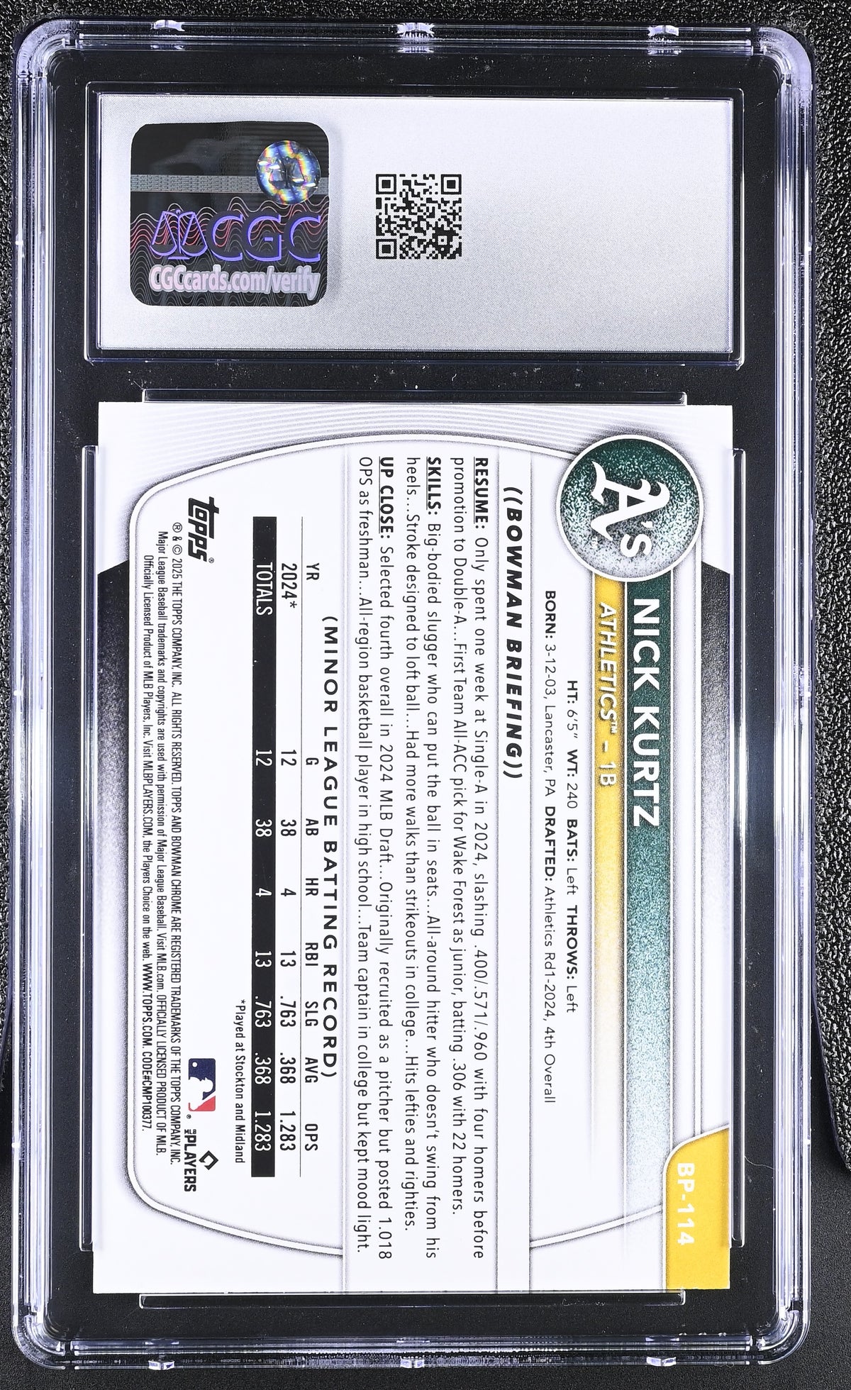 2025 Bowman Nick Kurtz Neon Green /399 Rookie Prospects #BP-114 CGC 10 Athletics