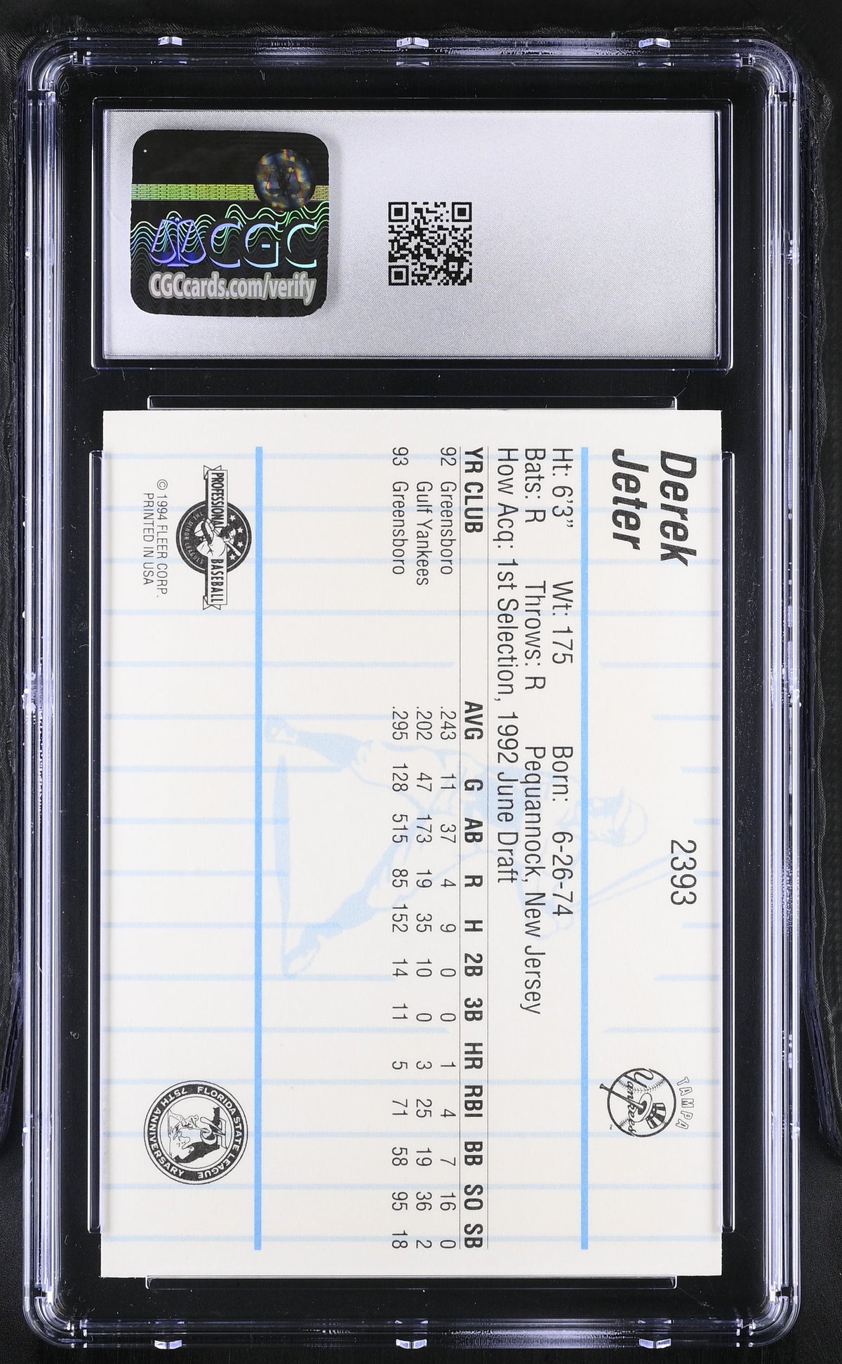 1994 Fleer Pro Cards Derek Jeter Rookie Tampa Yankees #2393 CGC 10