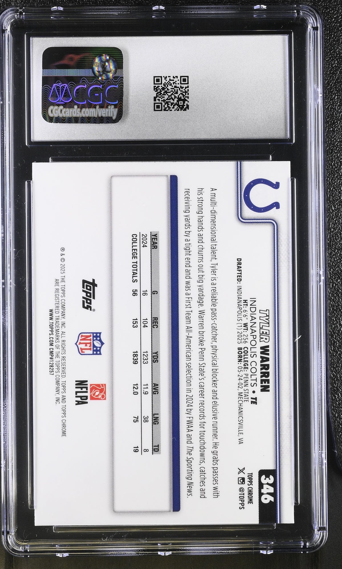 2025 Topps Chrome Tyler Warren RayWave Refractor Rookie #346 CGC 9.5 Colts