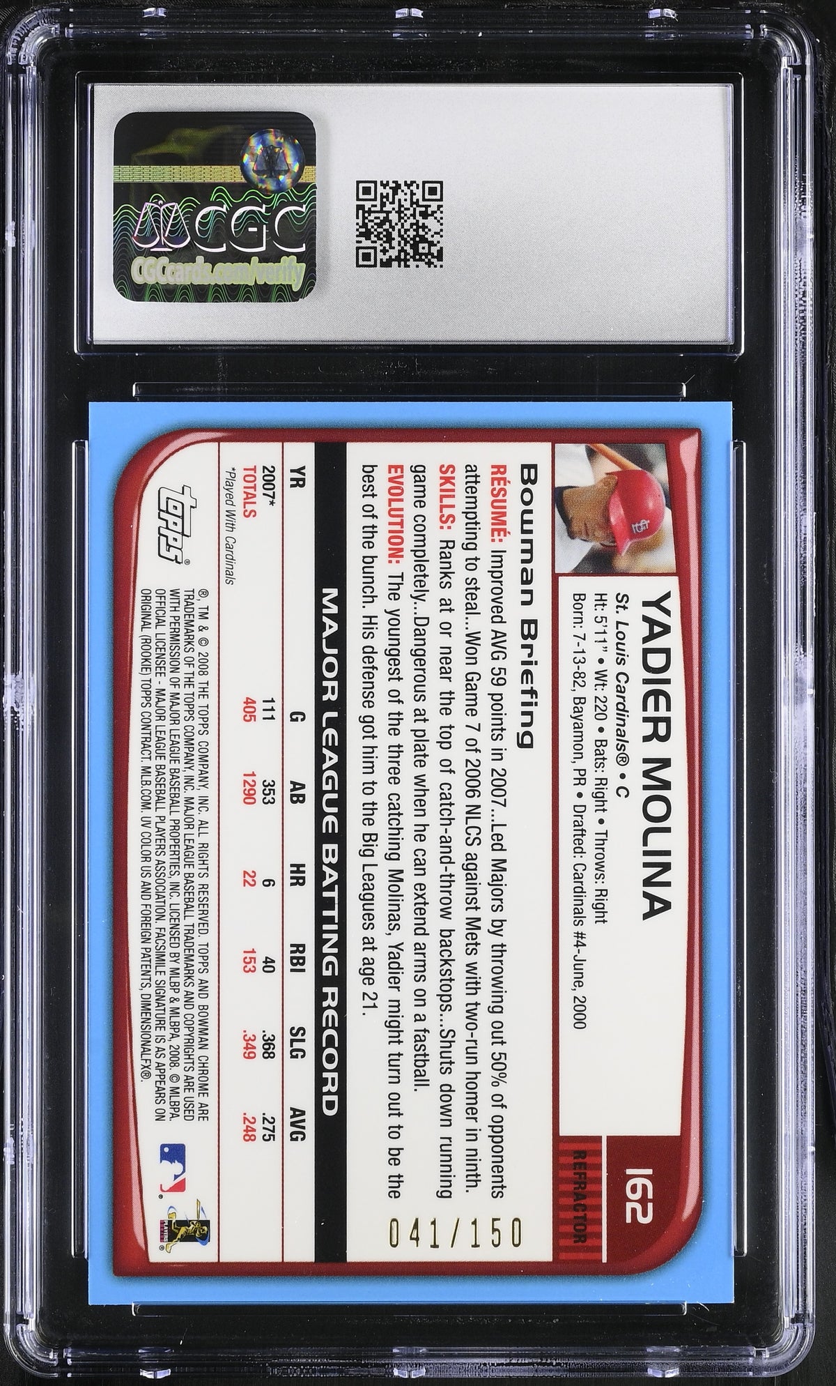 2008 Bowman Chrome Yadier Molina Blue Refractor #162 CGC 9 St. Louis Cardinals