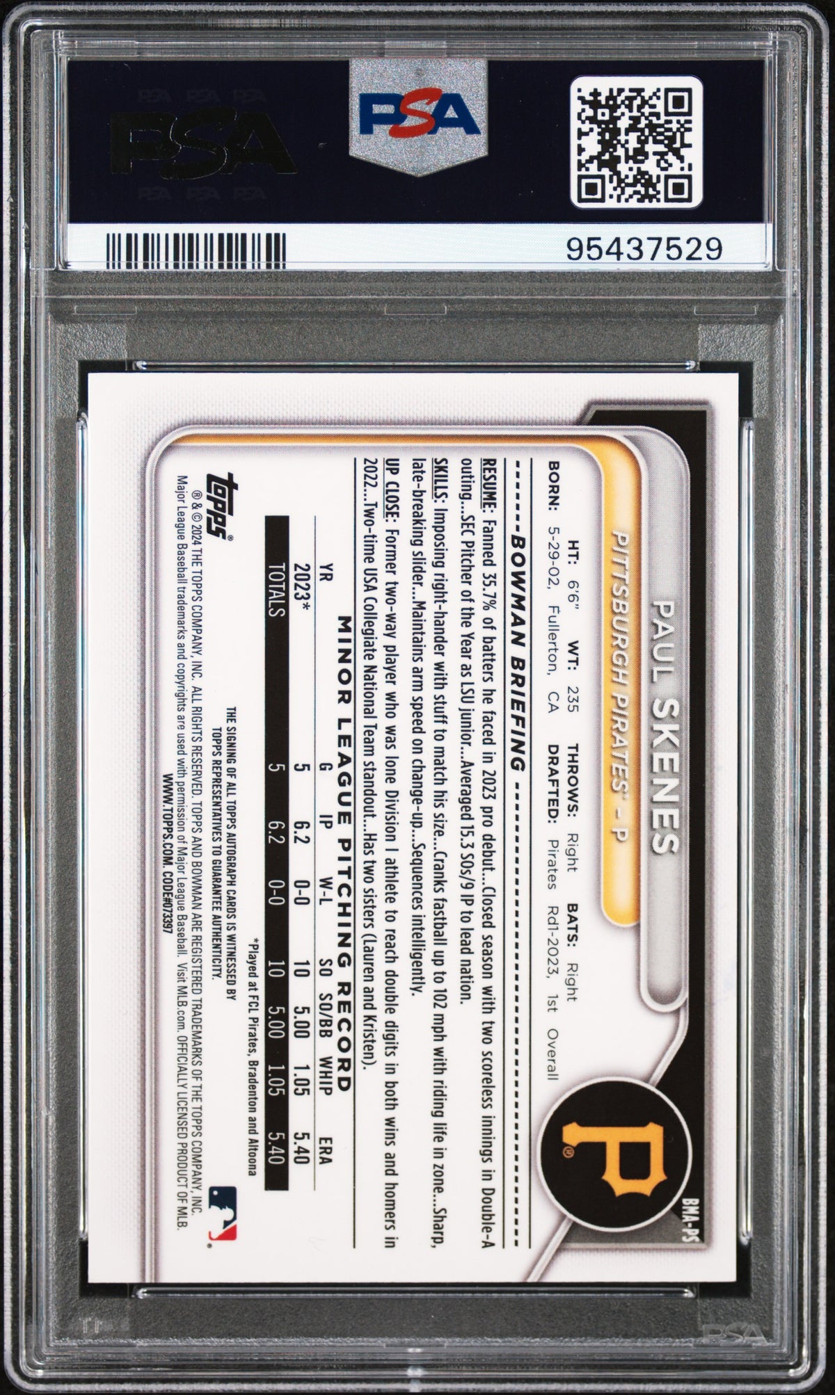 2024 Bowman Paul Skenes Mega Box Chrome Auto Green Refractor /99 PSA 10 Pirates