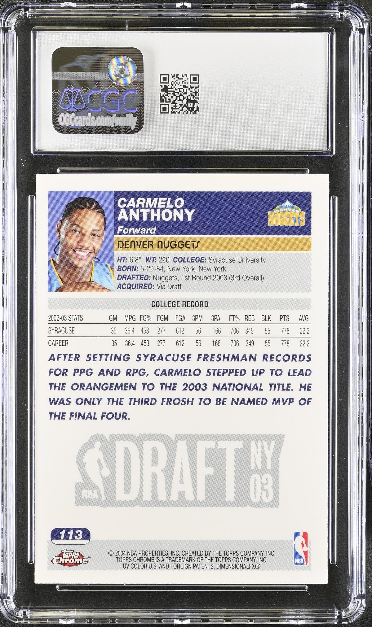2003-04 Topps Chrome Carmelo Anthony Rookie #113 CGC 9 Denver Nuggets
