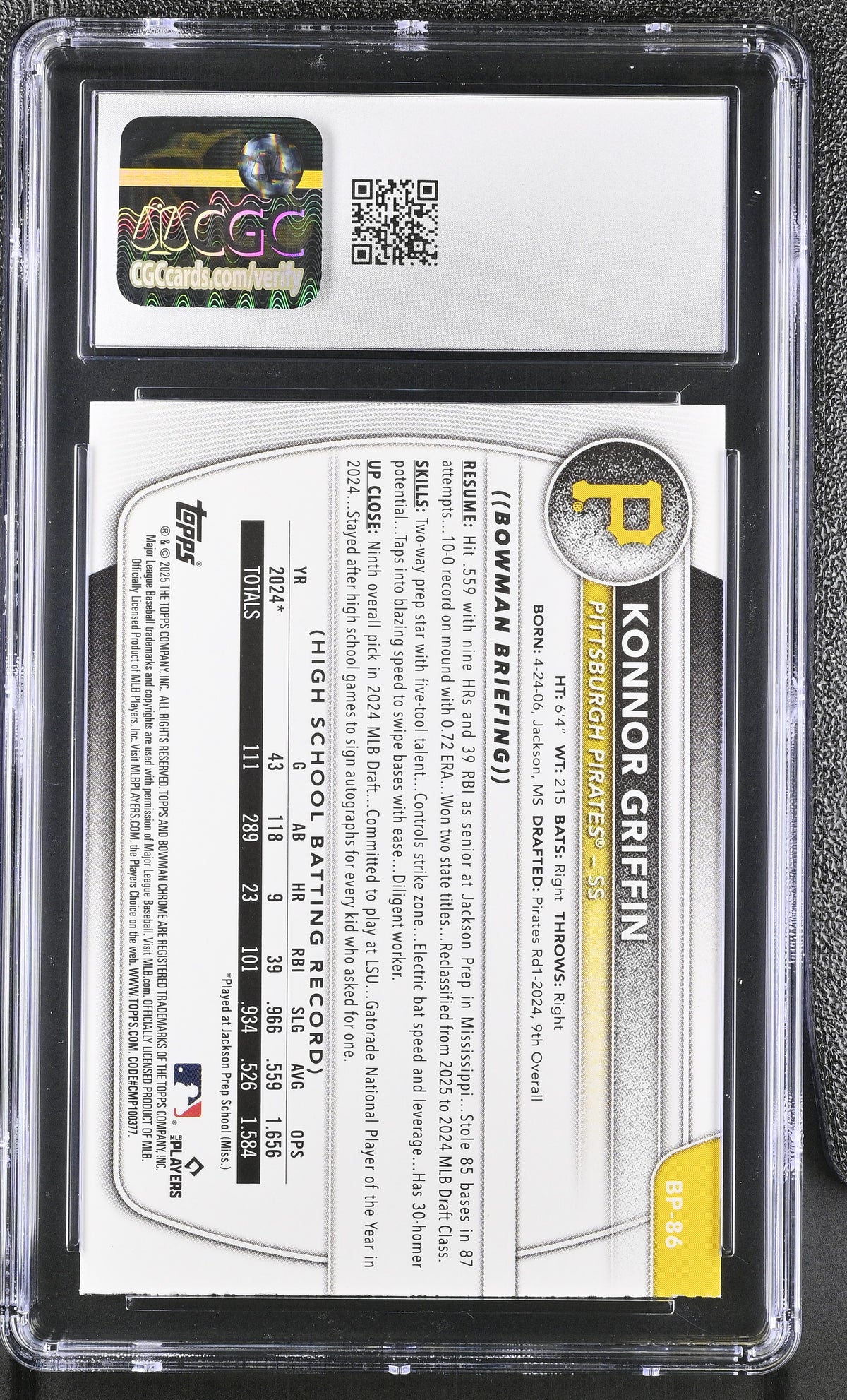 2025 Bowman Konnor Griffin Rookie Prospects #BP-86 CGC 10 Pittsburgh Pirates