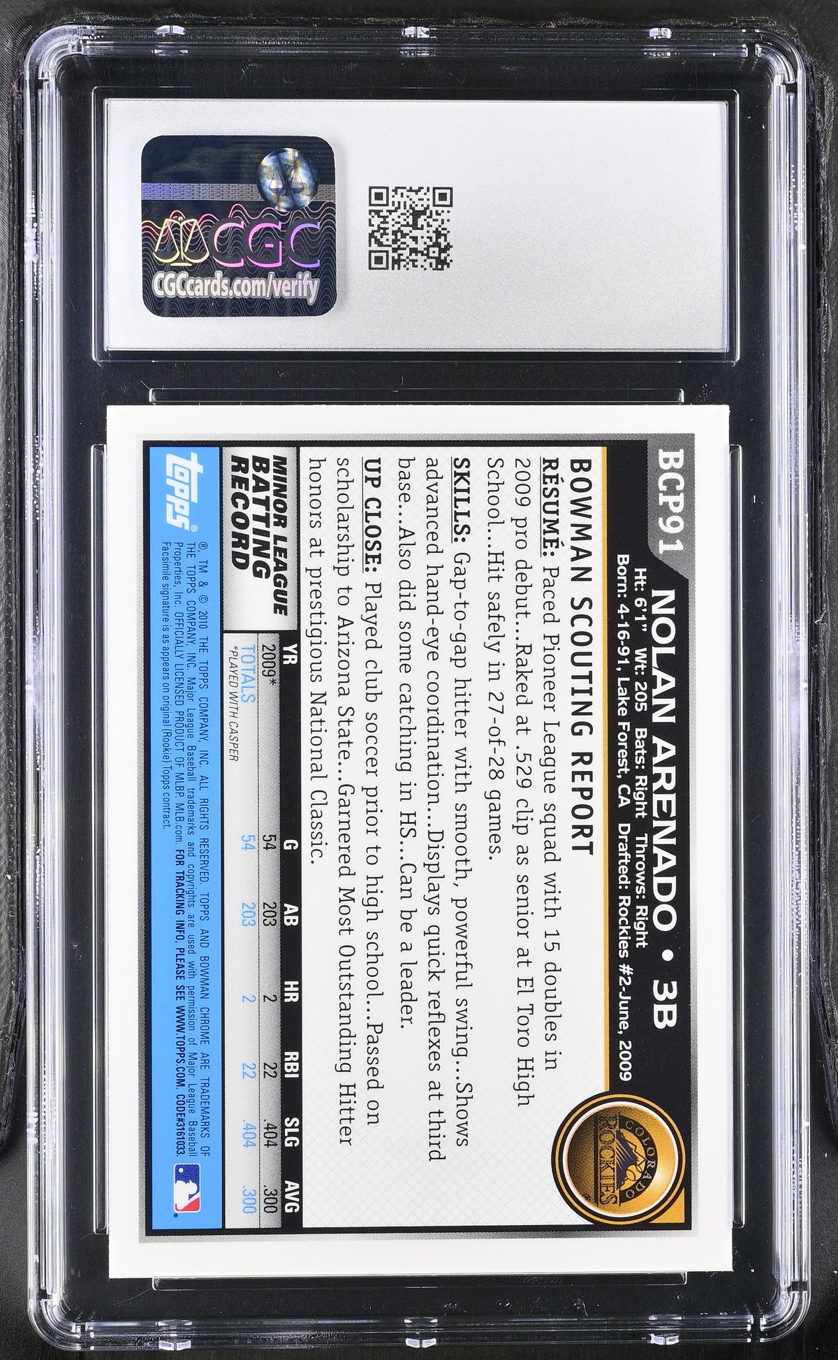 2010 Bowman Chrome Nolan Arenado Rookie Prospects #BCP91 CGC 10 Colorado Rockies
