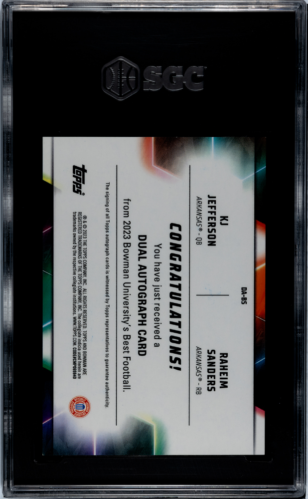 2023 Bowman U Best KJ Jefferson Sanders Dual Auto /25 Rookie SGC 10 Arkansas