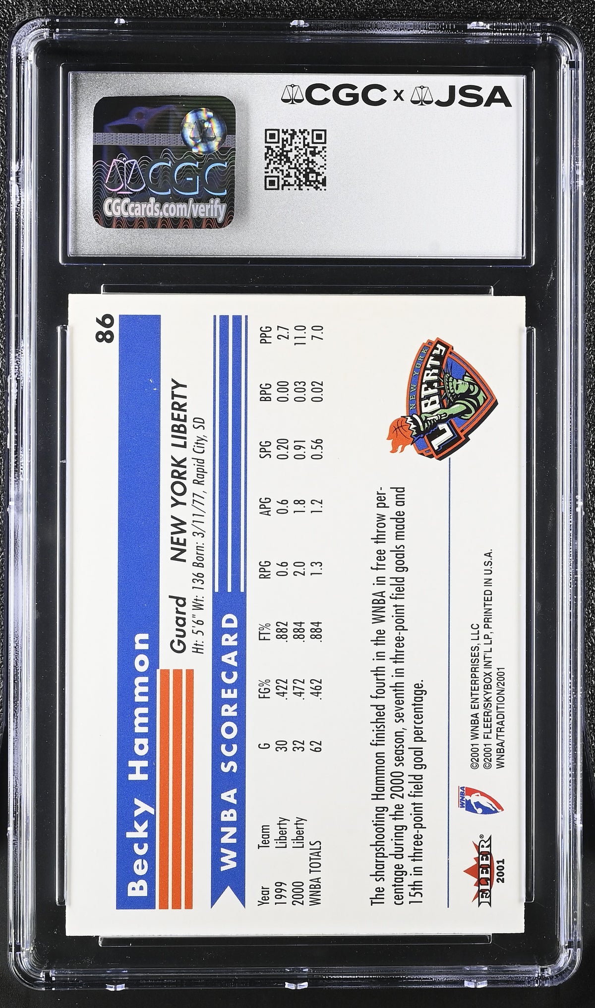 2001 Fleer Tradition WNBA Becky Hammon Auto Autograph #86 CGC 8 JSA Liberty