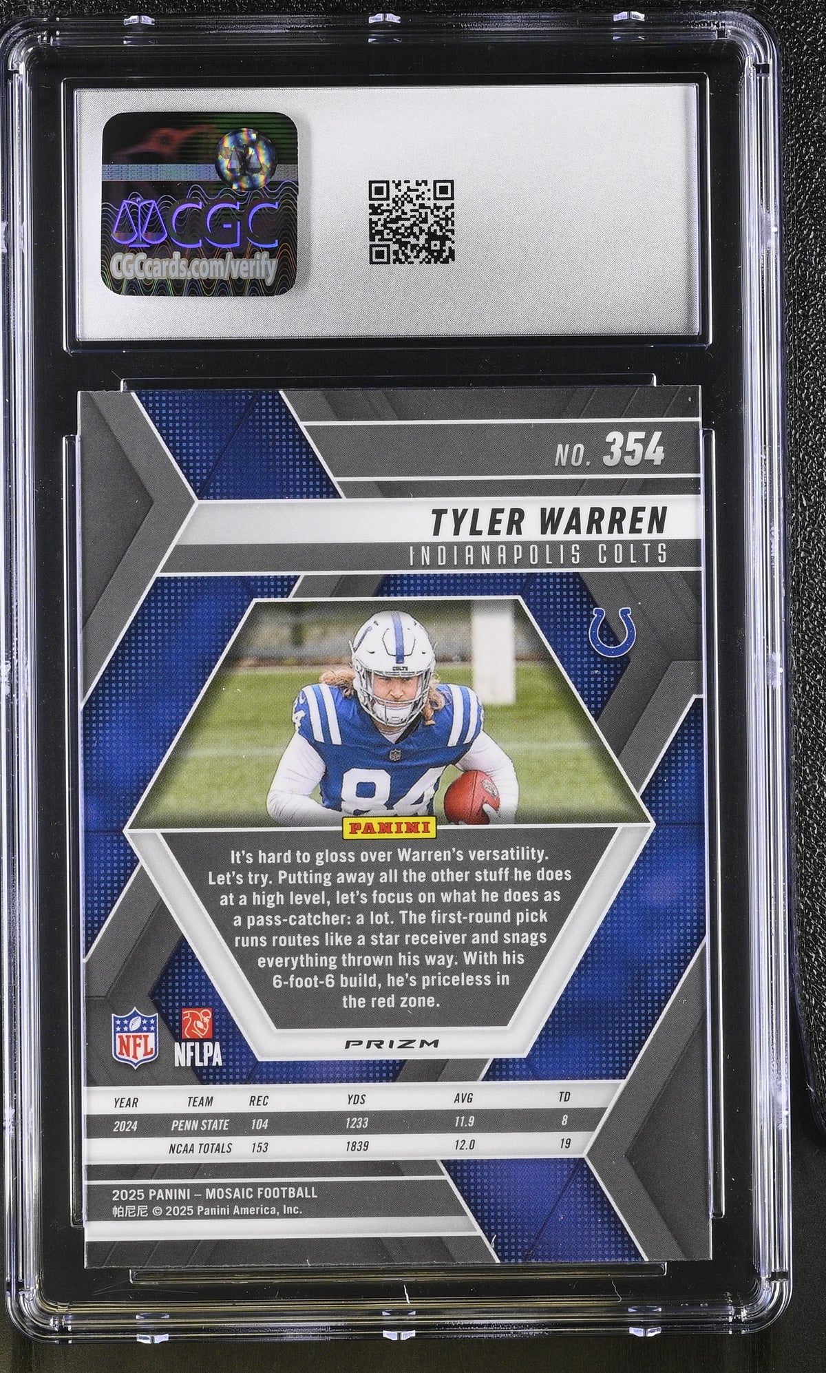 2025 Panini Mosaic Tyler Warren Green Rookie #354 CGC 9.5 Indianapolis Colts