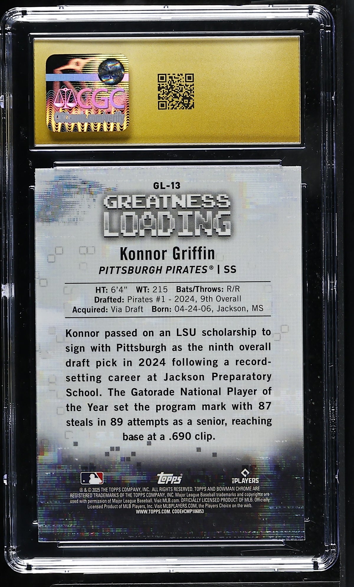 2025 Bowman Konnor Griffin Rookie Greatness Loading #13 CGC 10 Pristine Pirates