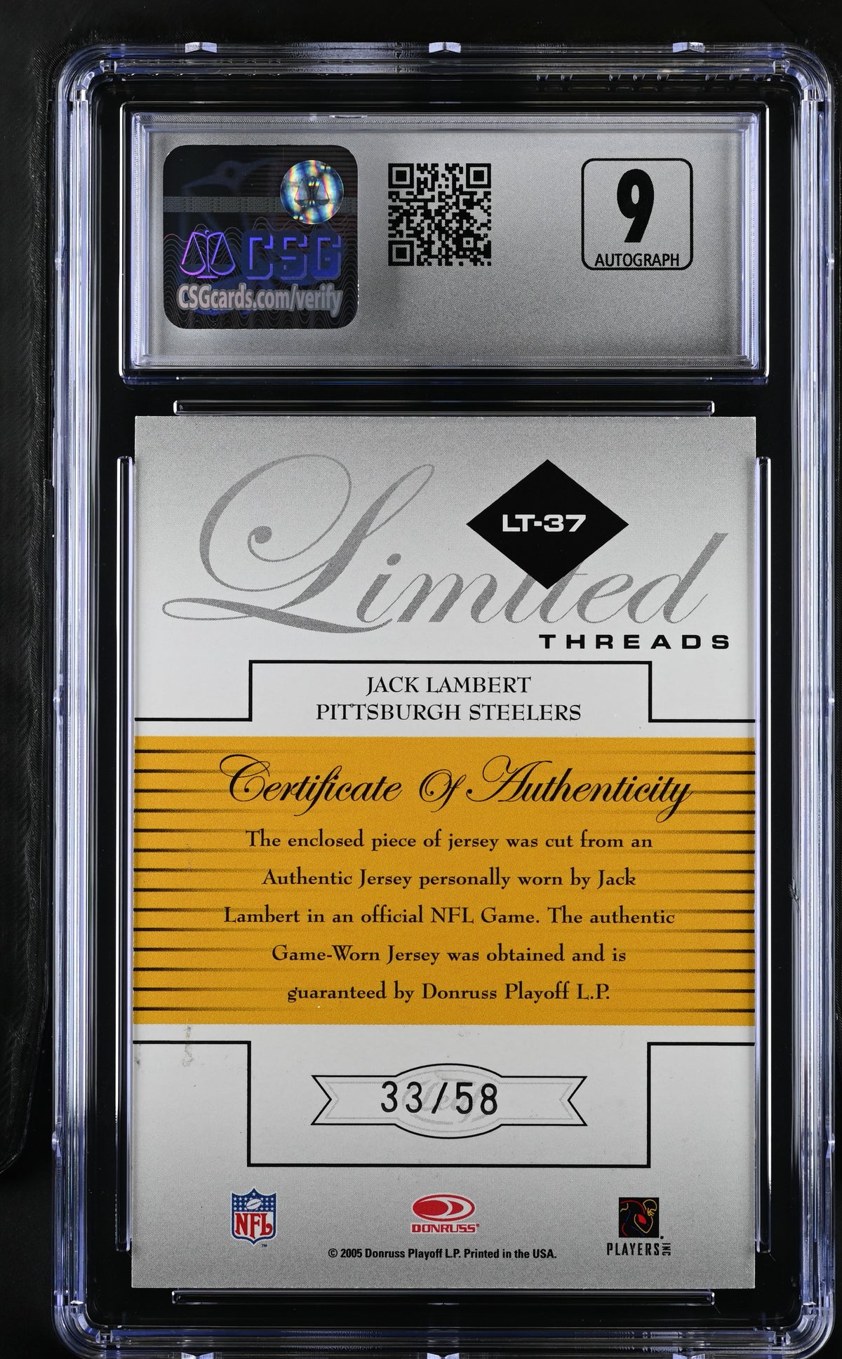 2005 Limited Jack Lambert Jersey Number /58 Threads Autograph CGC 8.5 Steelers