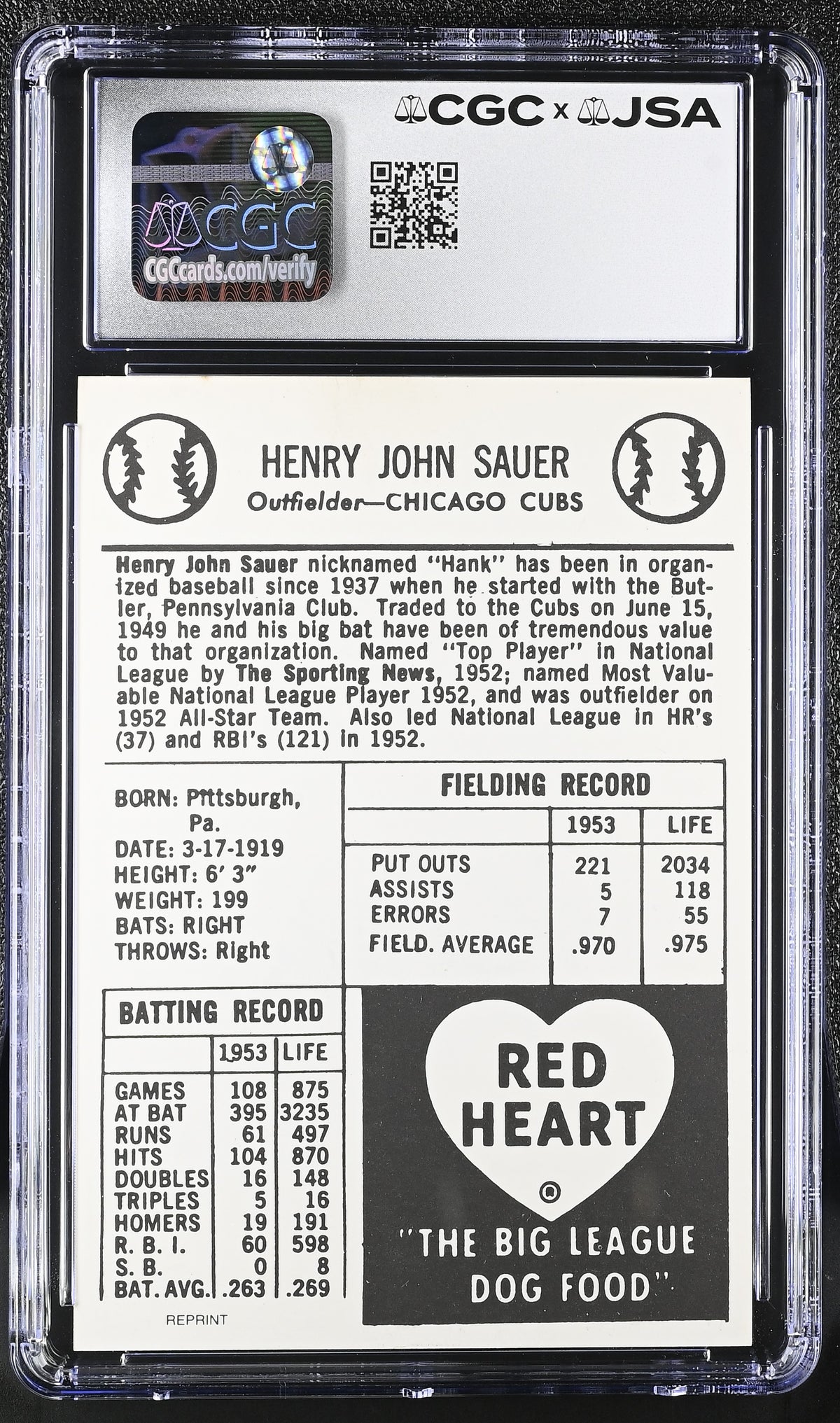 1991 Red Heart Hank Sauer Auto Autograph '54 Reprints CGC Authentic JSA Cubs
