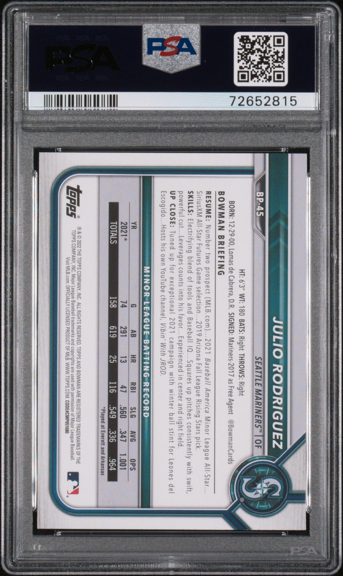 2022 Bowman Paper Prospects Julio Rodriguez Rookie #BP45 PSA 10 Seattle Mariners