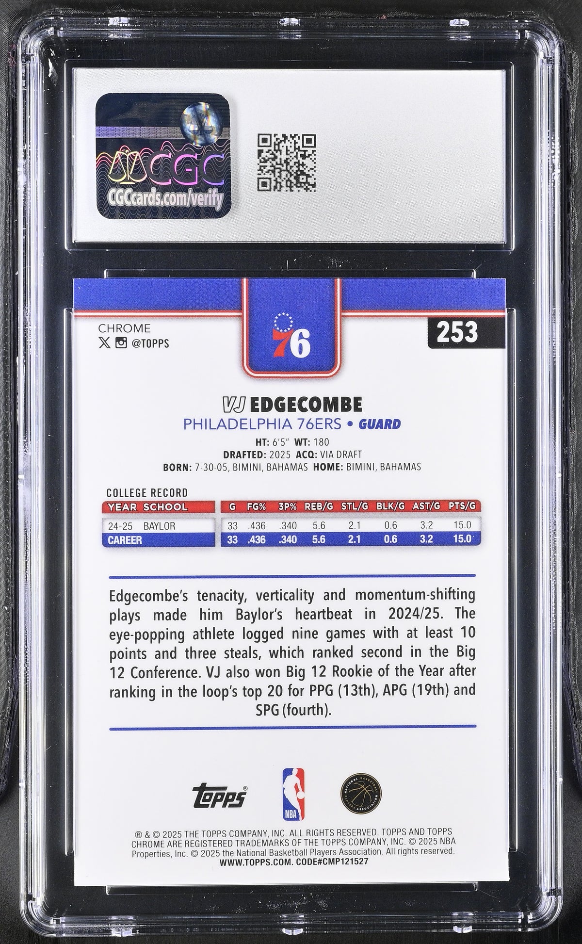 2025-26 Topps Chrome VJ Edgecombe Rookie #253 CGC 10 Philadelphia 76ers