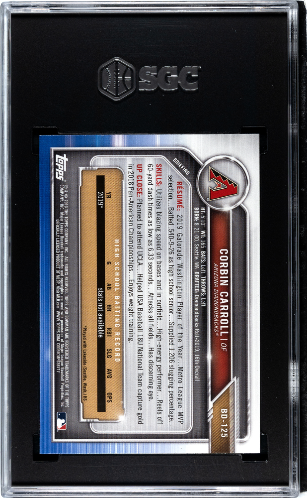 2019 Bowman Draft Corbin Carroll Rookie #BD-125 SGC 10 Arizona Diamondbacks