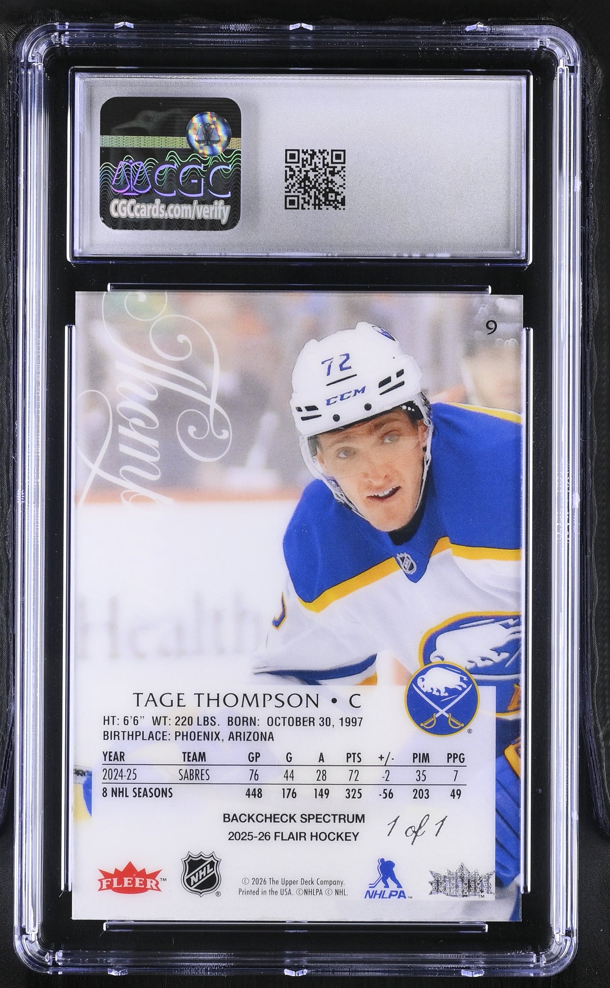2025-26 Flair Tage Thompson Backcheck Spectrum Variation 1/1 #9 CGC 9 Sabres