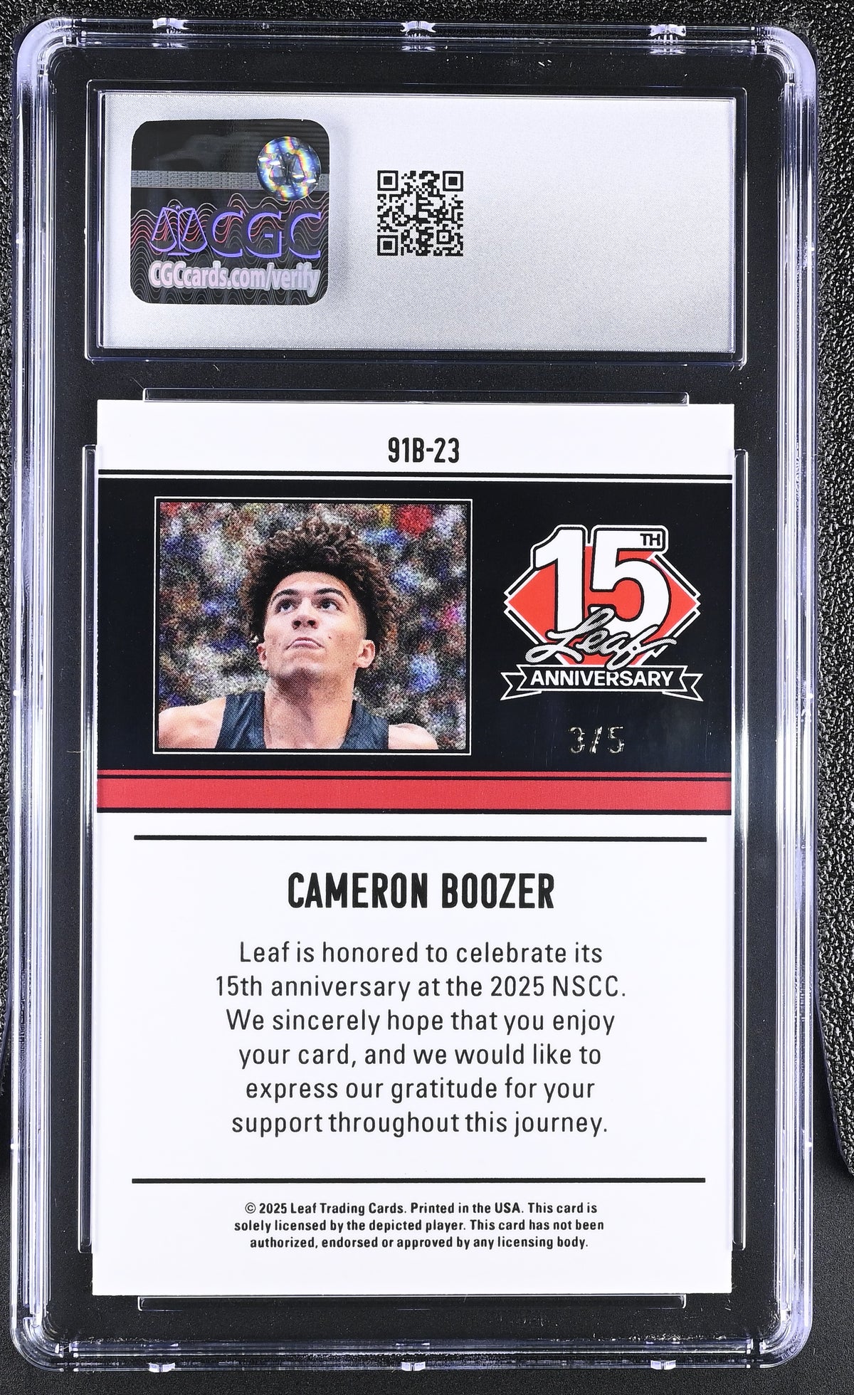 2025 Leaf 15th Anniversary Cameron Boozer Platinum Lazer /5 Rookie CGC 10 Duke
