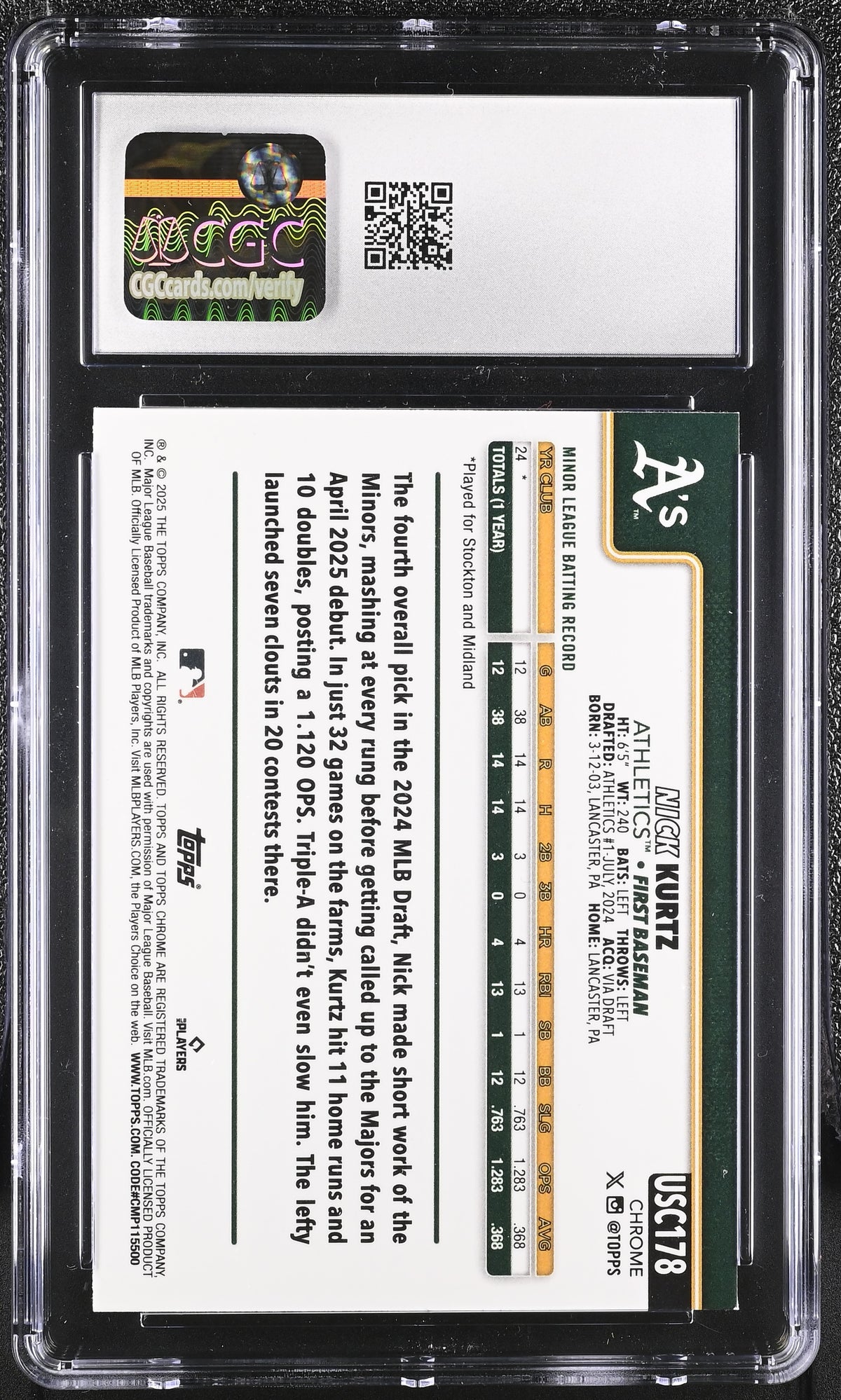2025 Topps Chrome Update Nick Kurtz Rookie #USC178 CGC 9.5 Oakland Athletics