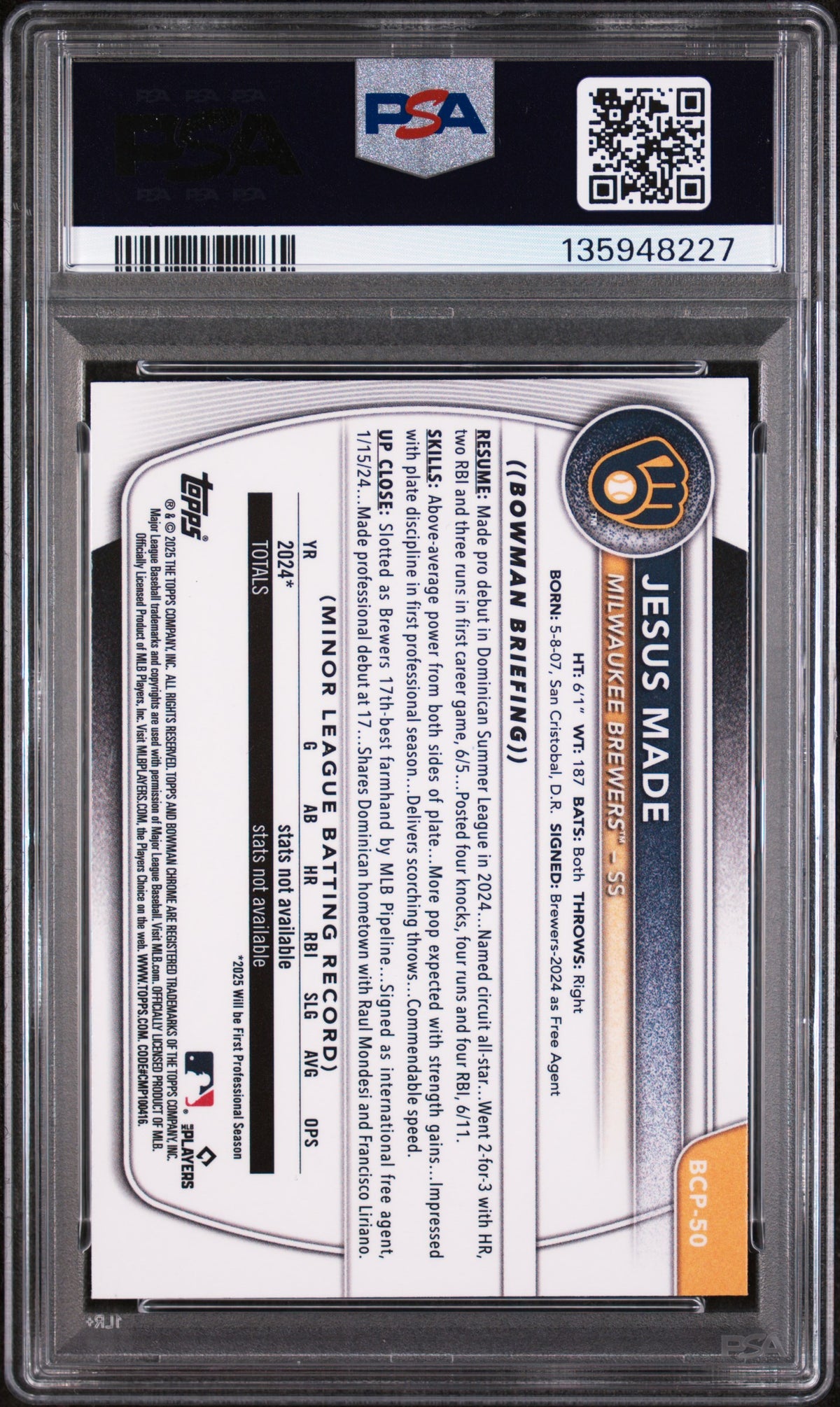 2025 Bowman Sapphire Chrome Prospects Jesus Made Rookie #BCP50 PSA 8 Brewers