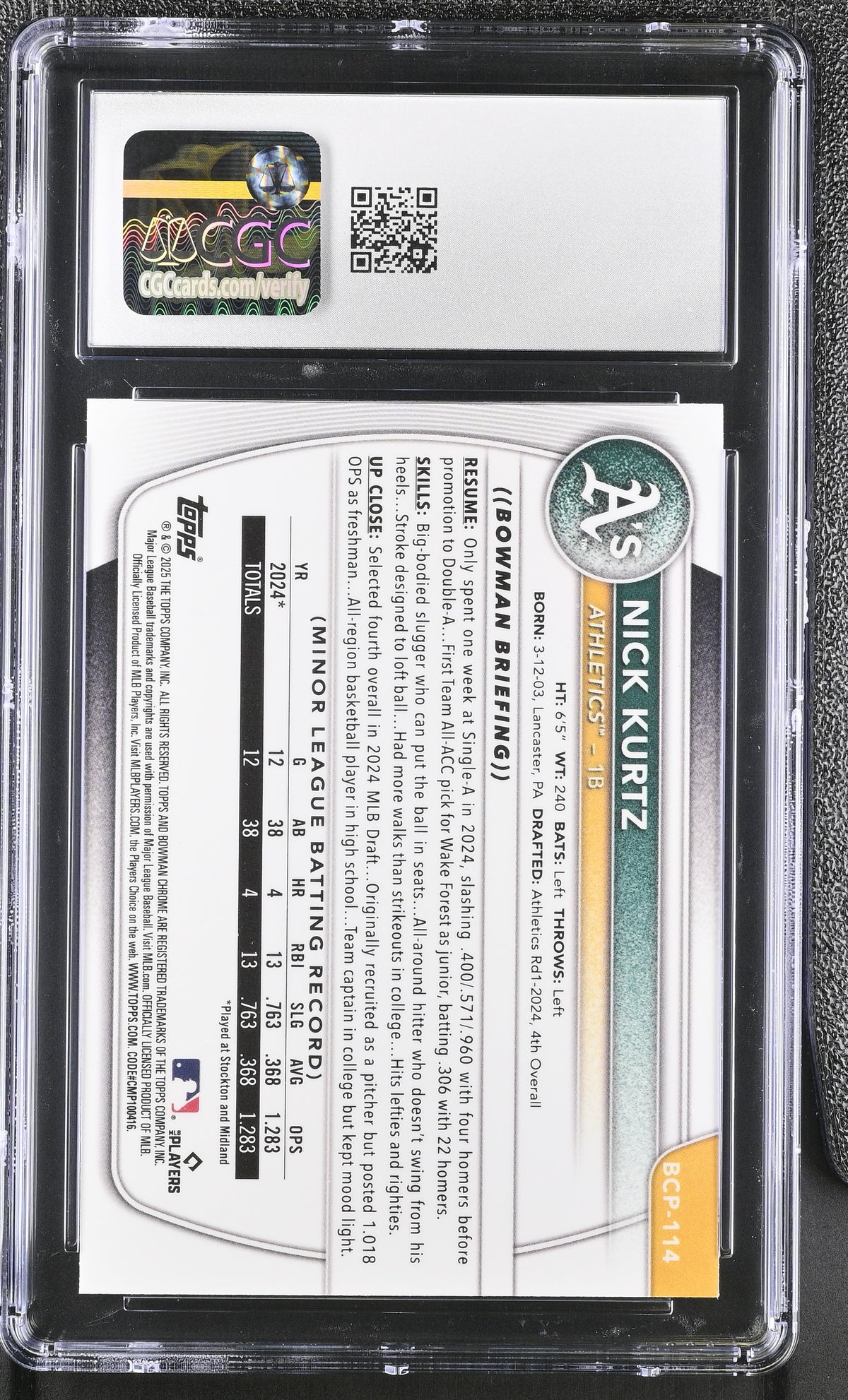 2025 Bowman Nick Kurtz Chrome Prospects #BCP-114 CGC 10