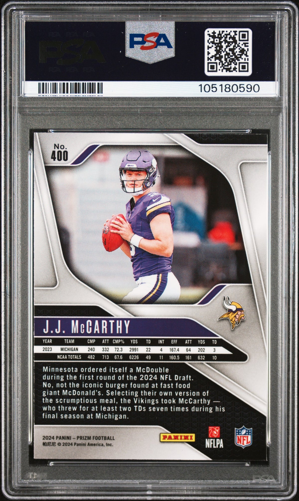 2024 Panini Prizm JJ Mccarthy Rookie #400 PSA 8 Minnesota Vikings