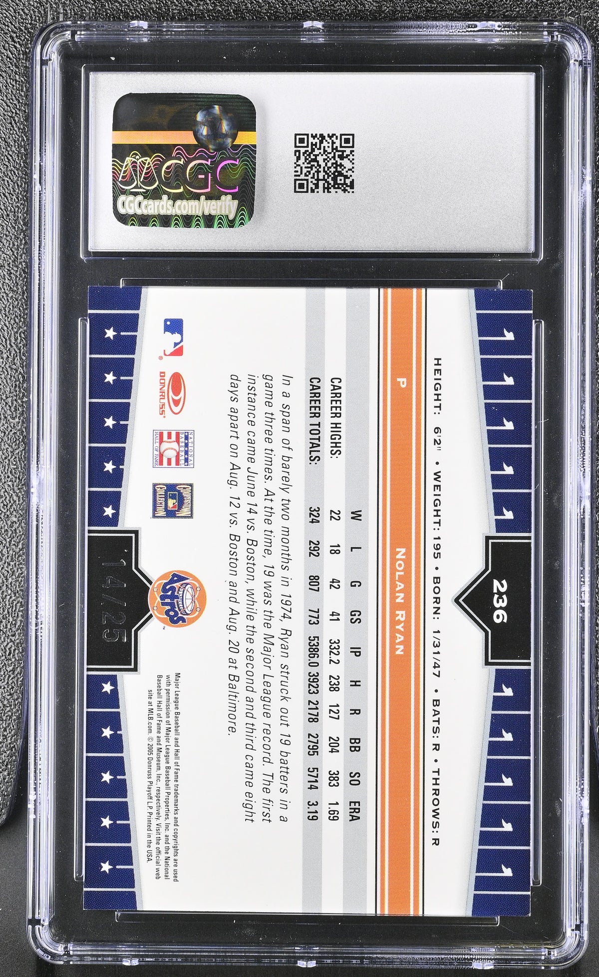 2005 Donruss Champions Nolan Ryan Green Impressions #236 CGC 9.5 Houston Astros