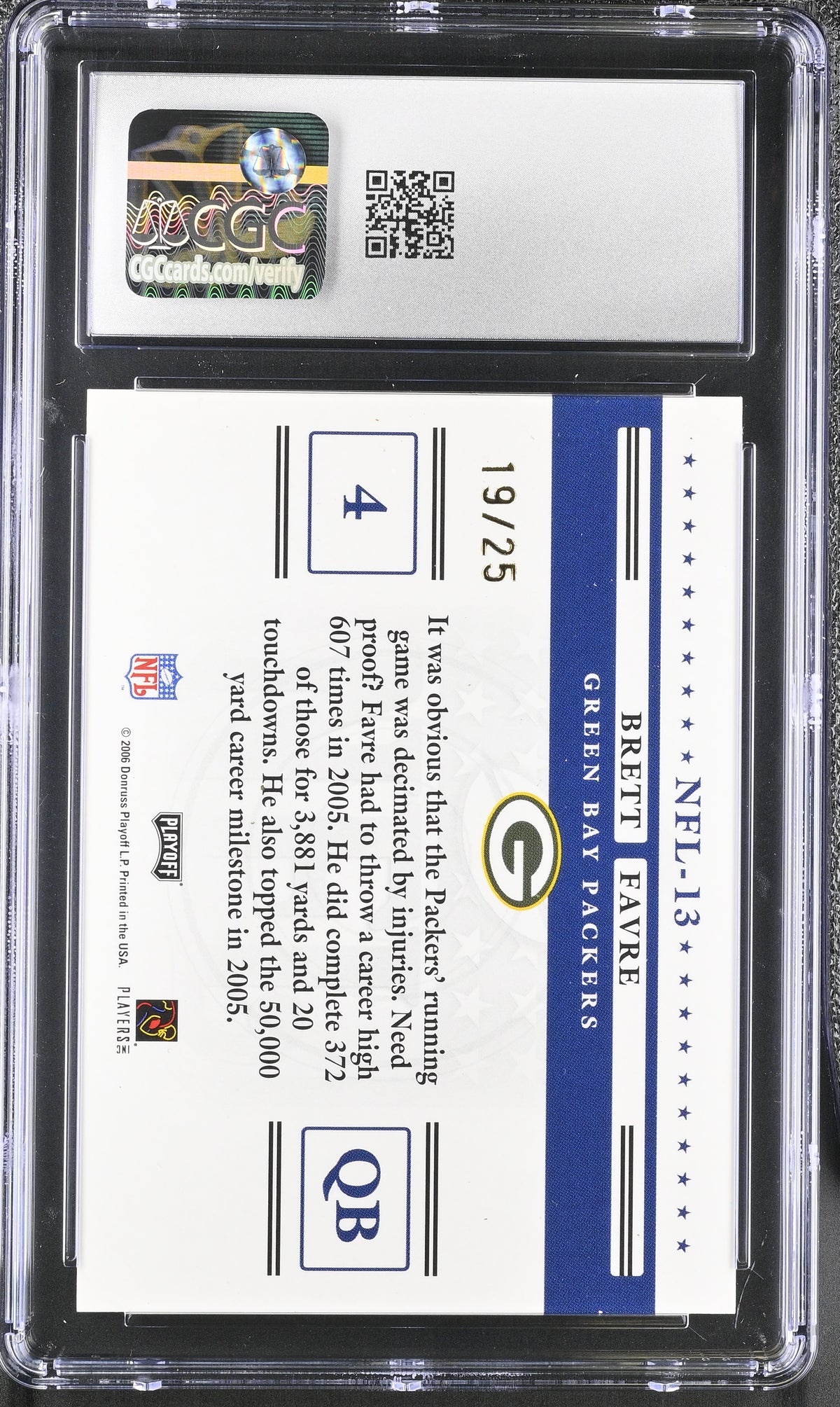 2006 Playoff Prestige Brett Favre Holofoil /25 Stars of the NFL 13 CGC 9 Packers