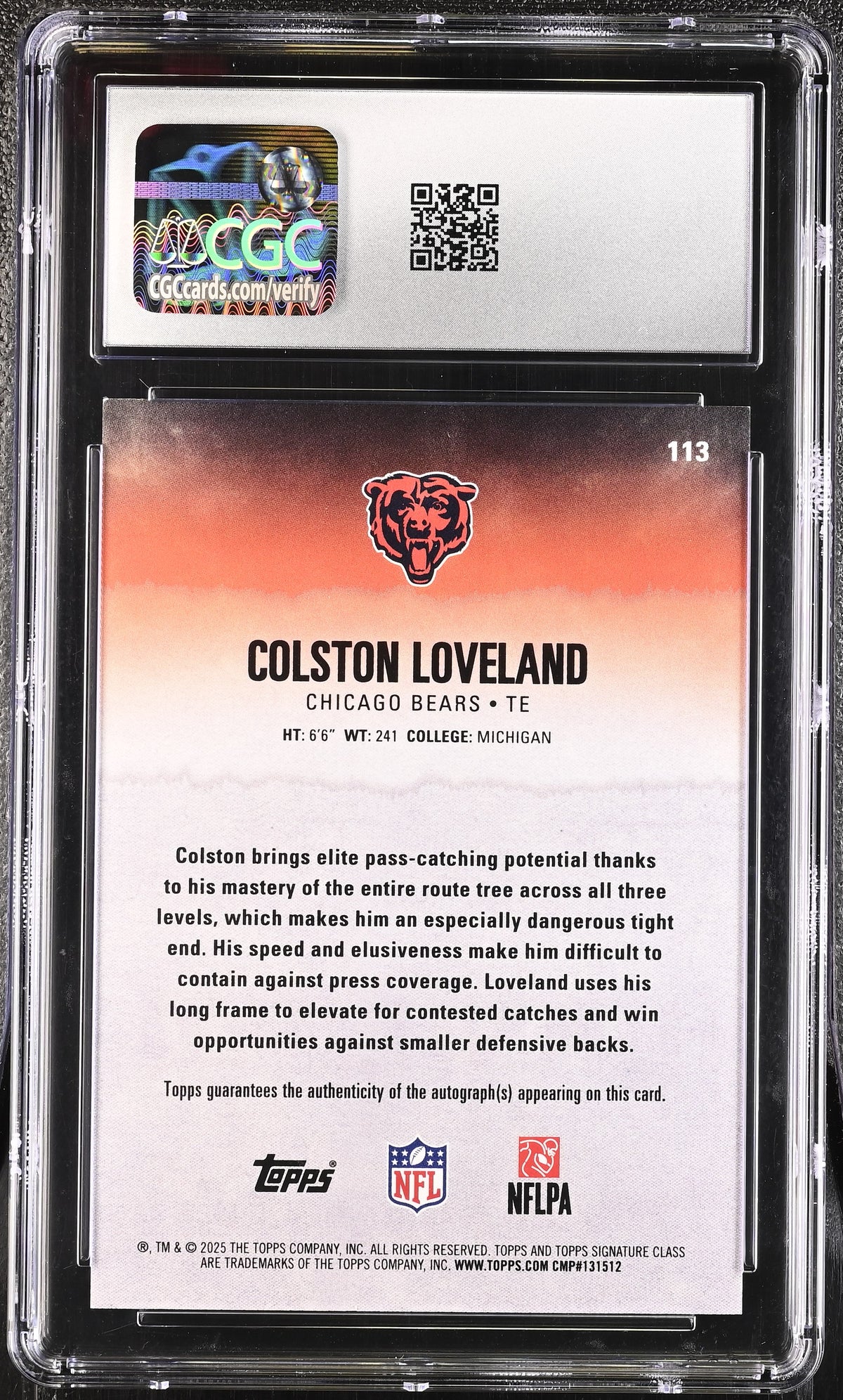 2025 Topps Signature Class Colston Loveland Rookie Autographs #113 CGC 9 Bears