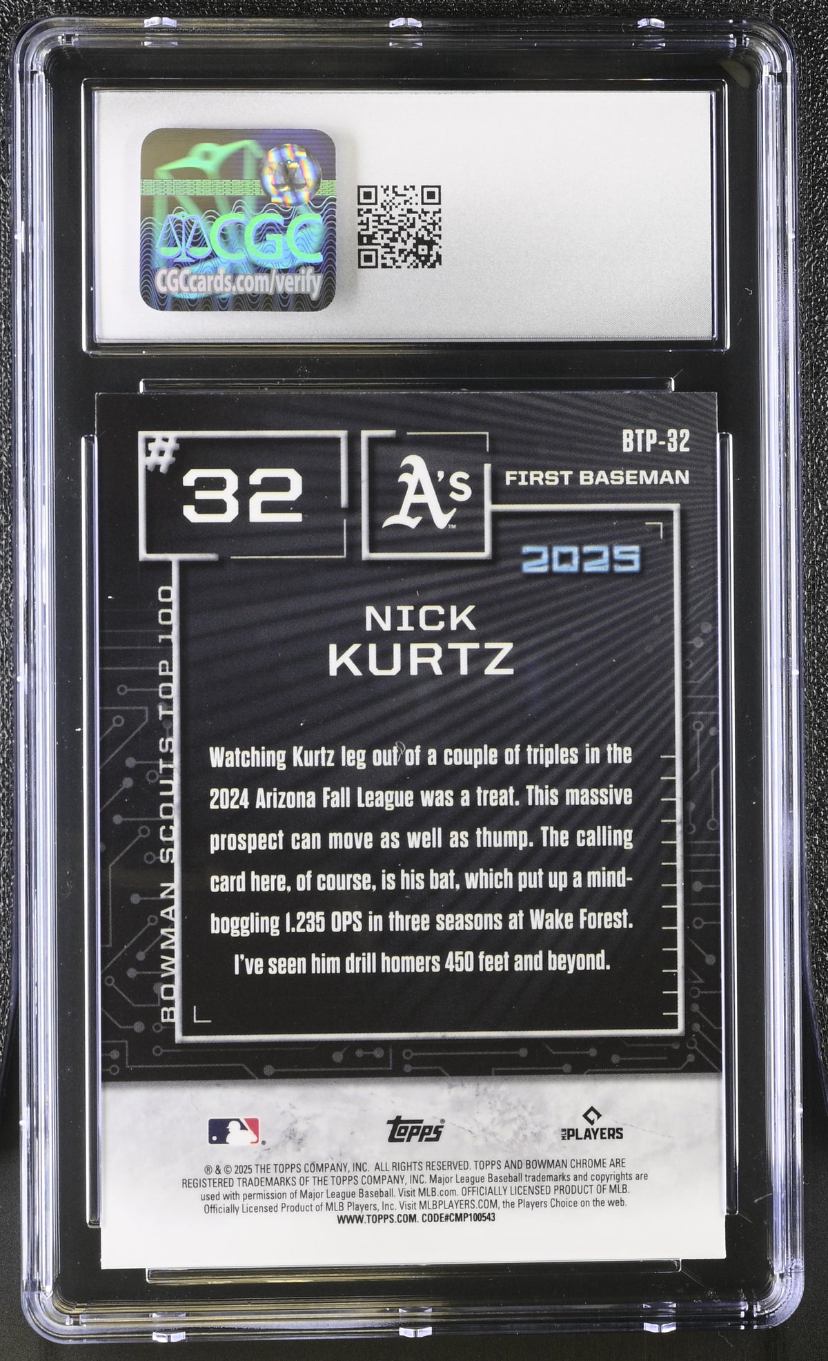 2025 Bowman Nick Kurtz Aqua Refractor /125 Rookie Scouts Top 100 #BTP-32 CGC 9