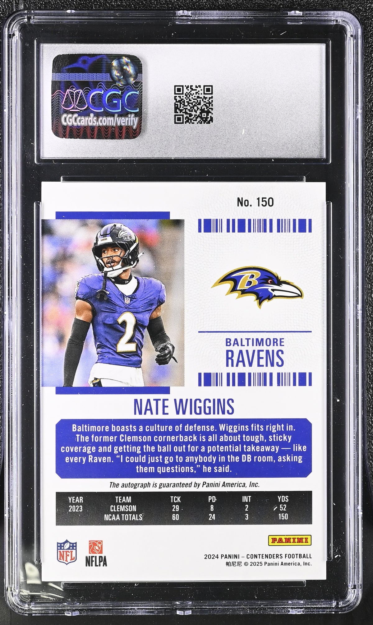 2024 Contenders Nate Wiggins Playoff Ticket /149 Rookie Auto #150 CGC 9 Ravens