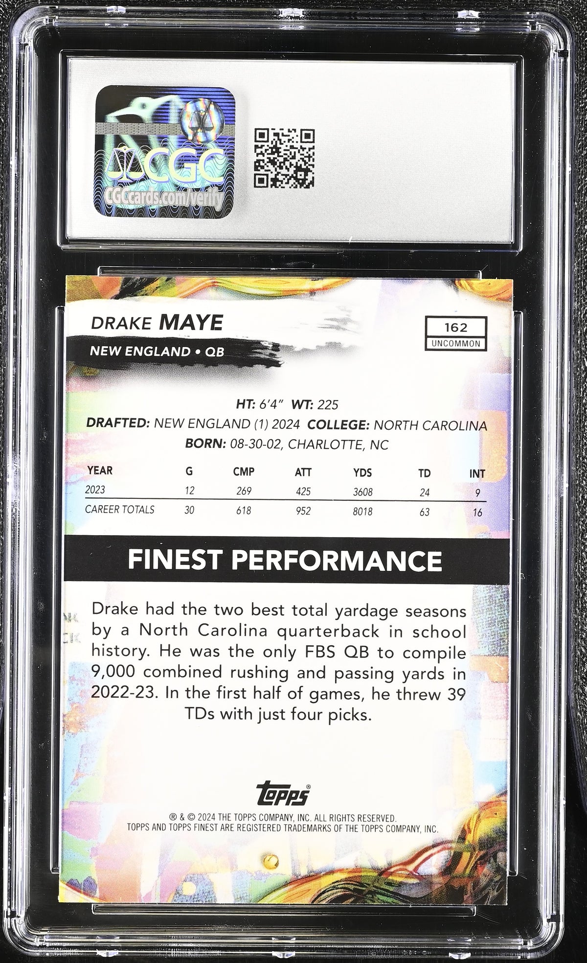 2024 Topps Finest Drake Maye Rookie #162 CGC 10 New England Patriots