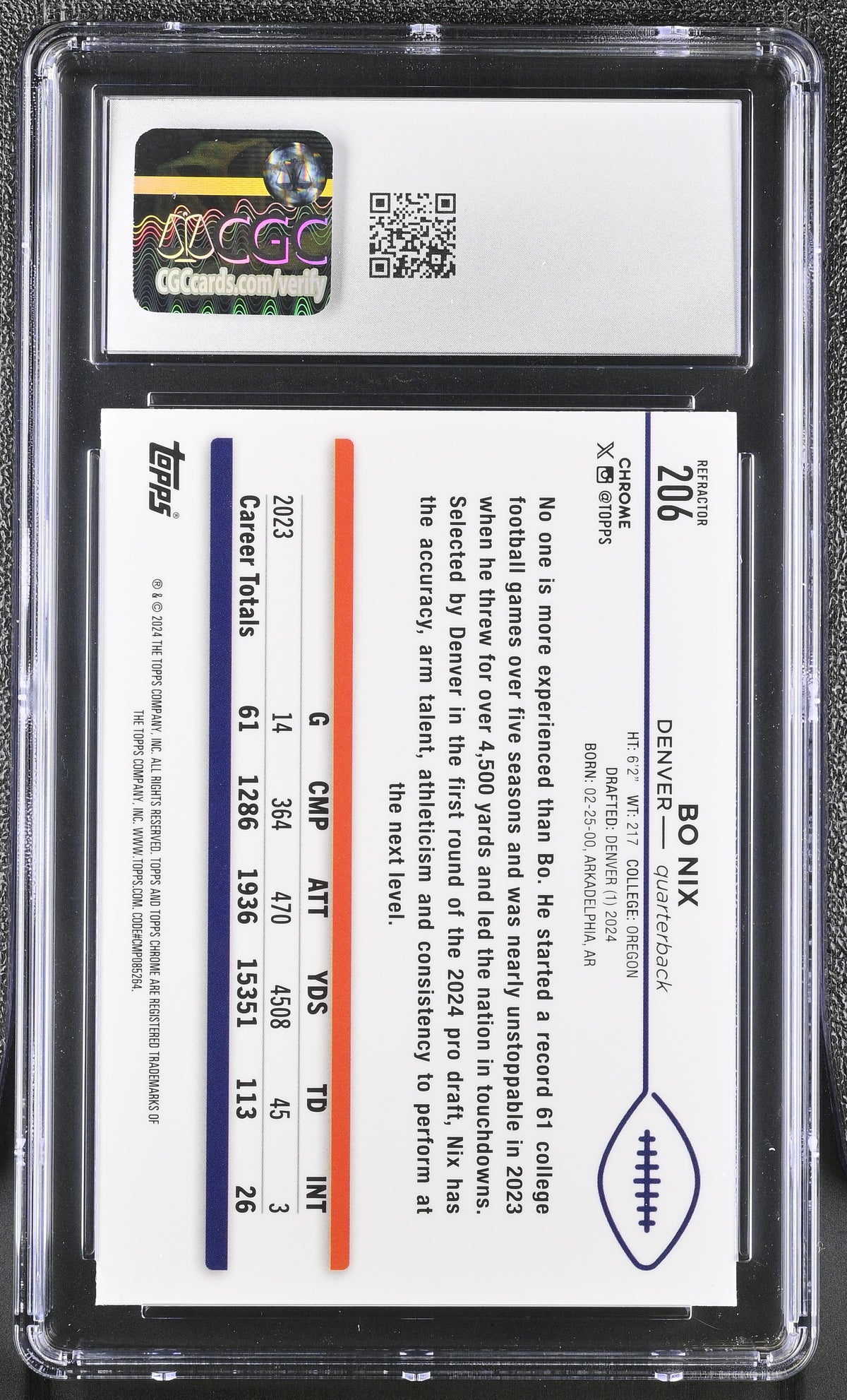 2024 Topps Chrome Bo Nix Refractor #206 CGC 9
