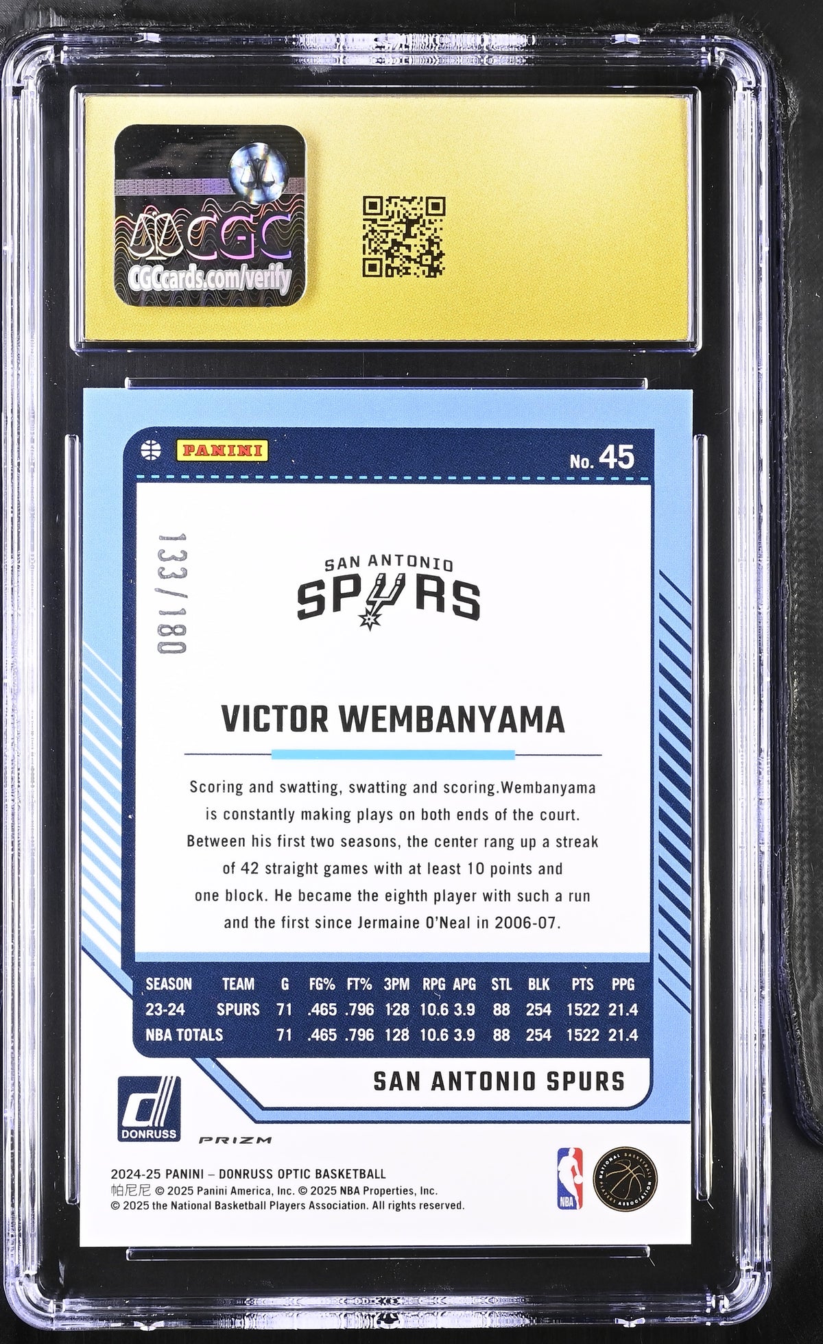 2024-25 Donruss Optic Victor Wembanyama #45 Blue Sparkle CGC 10 Pristine /180