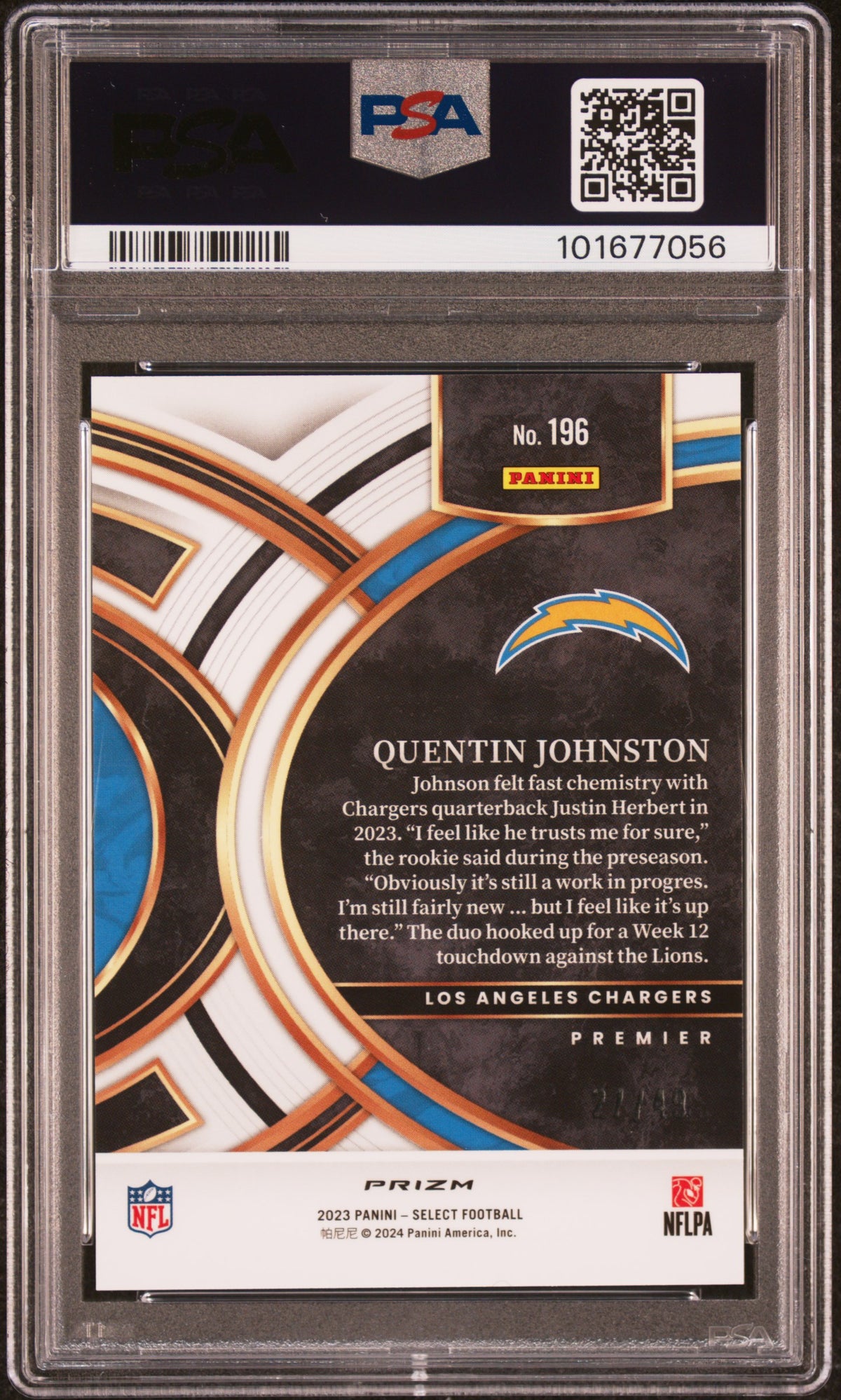 2023 Panini Select Quentin Johnston Neon Green /49 Rookie #196 PSA 10 Chargers