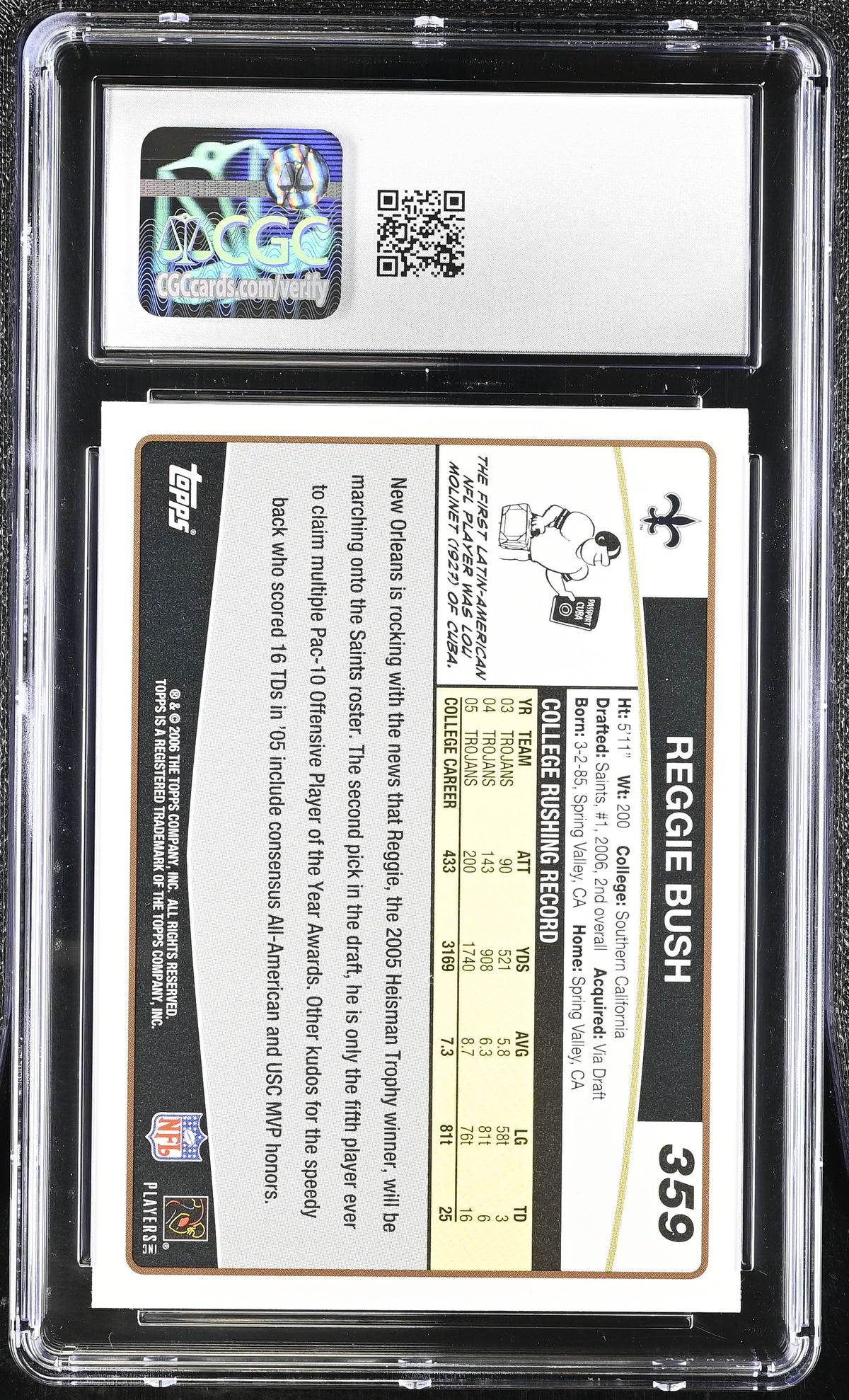 2006 Topps Reggie Bush Rookie #359 CGC 10 New Orleans Saints