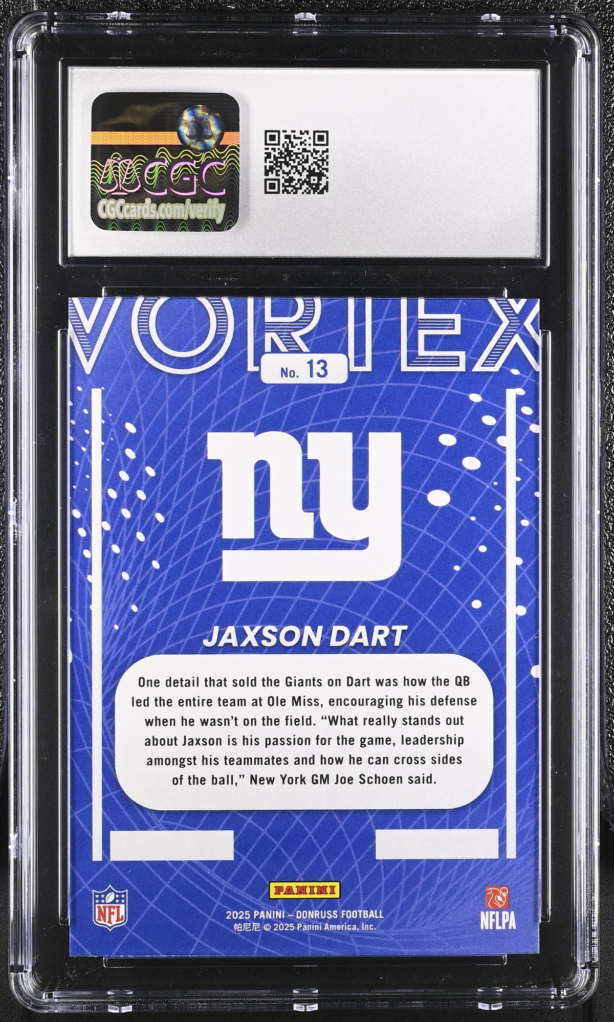 2025 Donruss Jaxson Dart Rookie Vortex #13 CGC 10 New York Giants