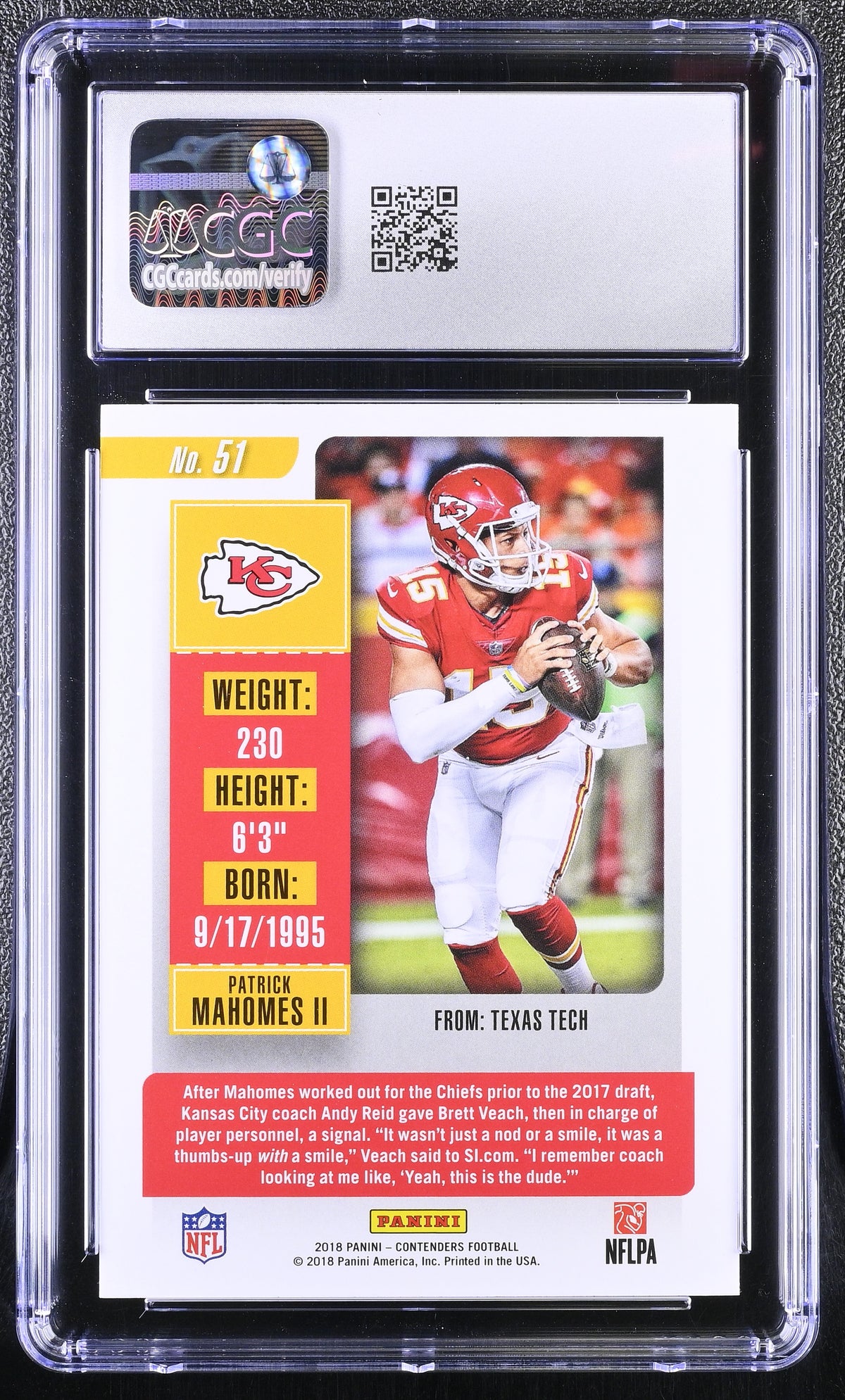 2018 Panini Contenders Patrick Mahomes II #51 CGC 10 Kansas City Chiefs