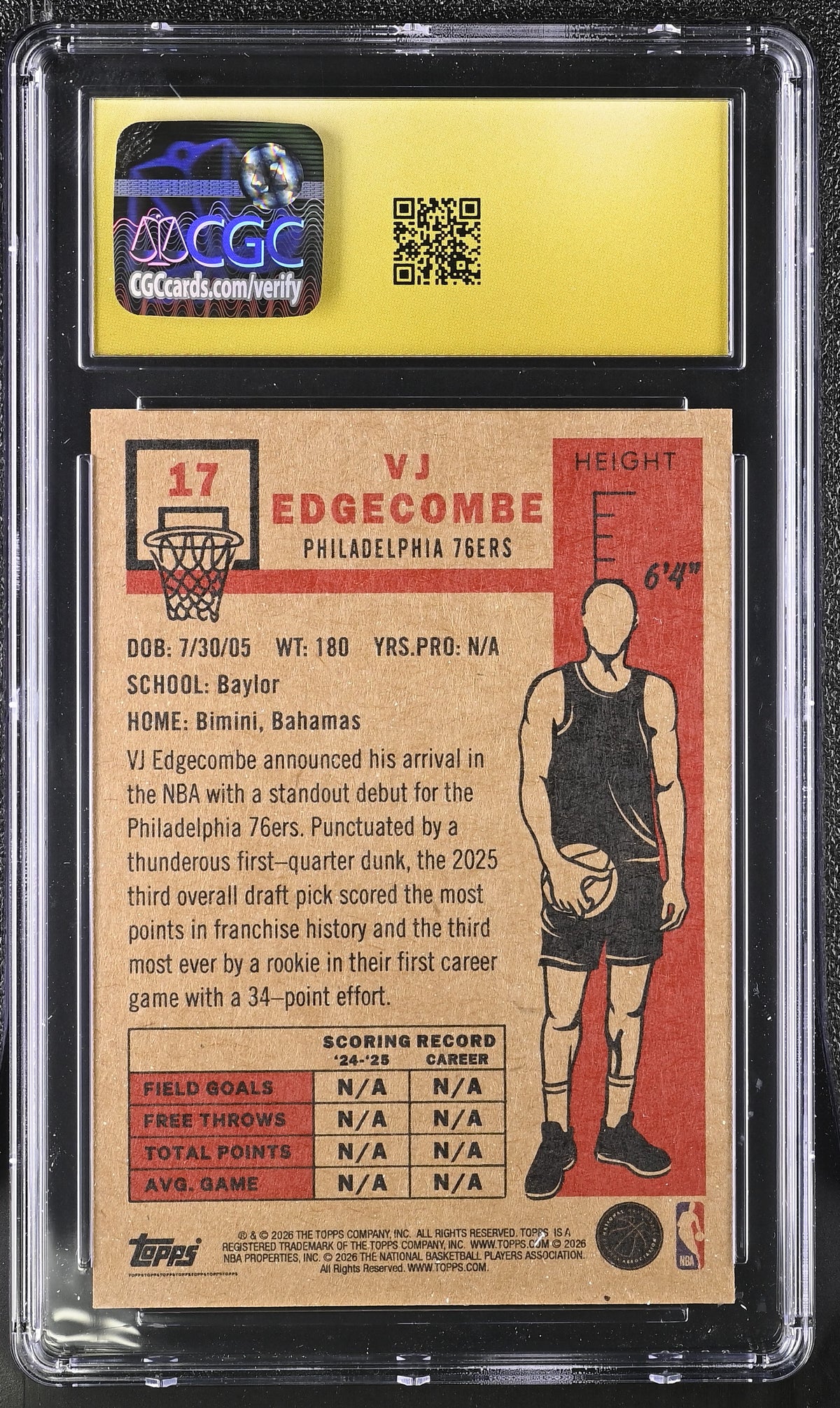 2025-26 Topps Living Set VJ Edgecombe Variation Rookie #17 CGC 10 Pristine 76ers