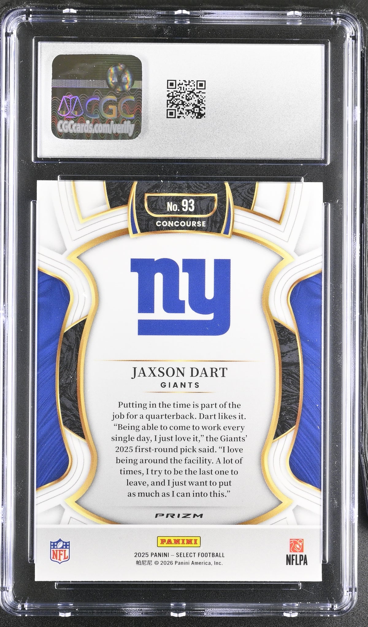 2025 Panini Select Jaxson Dart Pink Shock Rookie #93 CGC 10 New York Giants