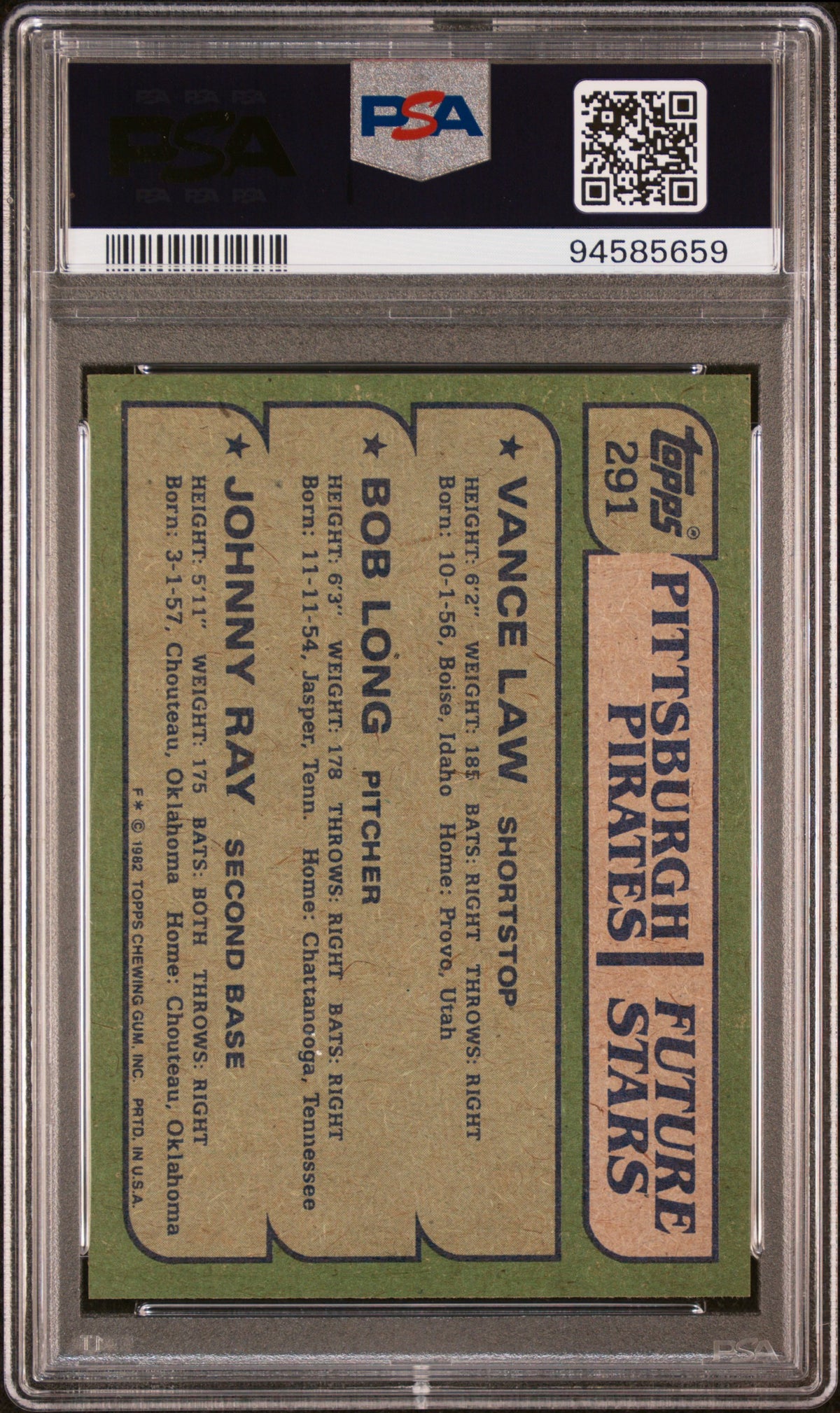 1982 Topps Pirates Future Star V. Law B. Long J. Ray #291 PSA 9