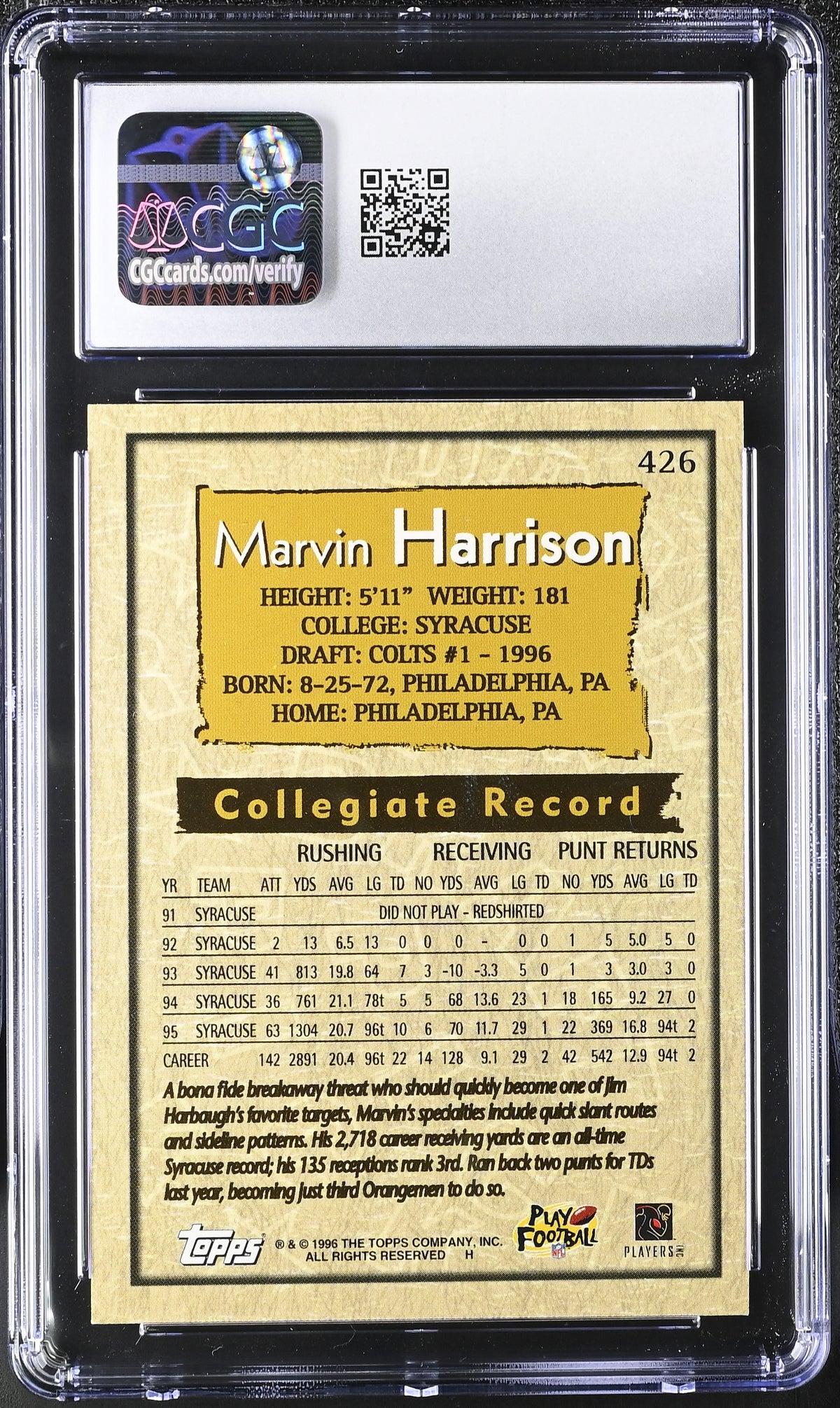 1996 Topps Marvin Harrison Rookie #426 CGC 10 Indianapolis Colts