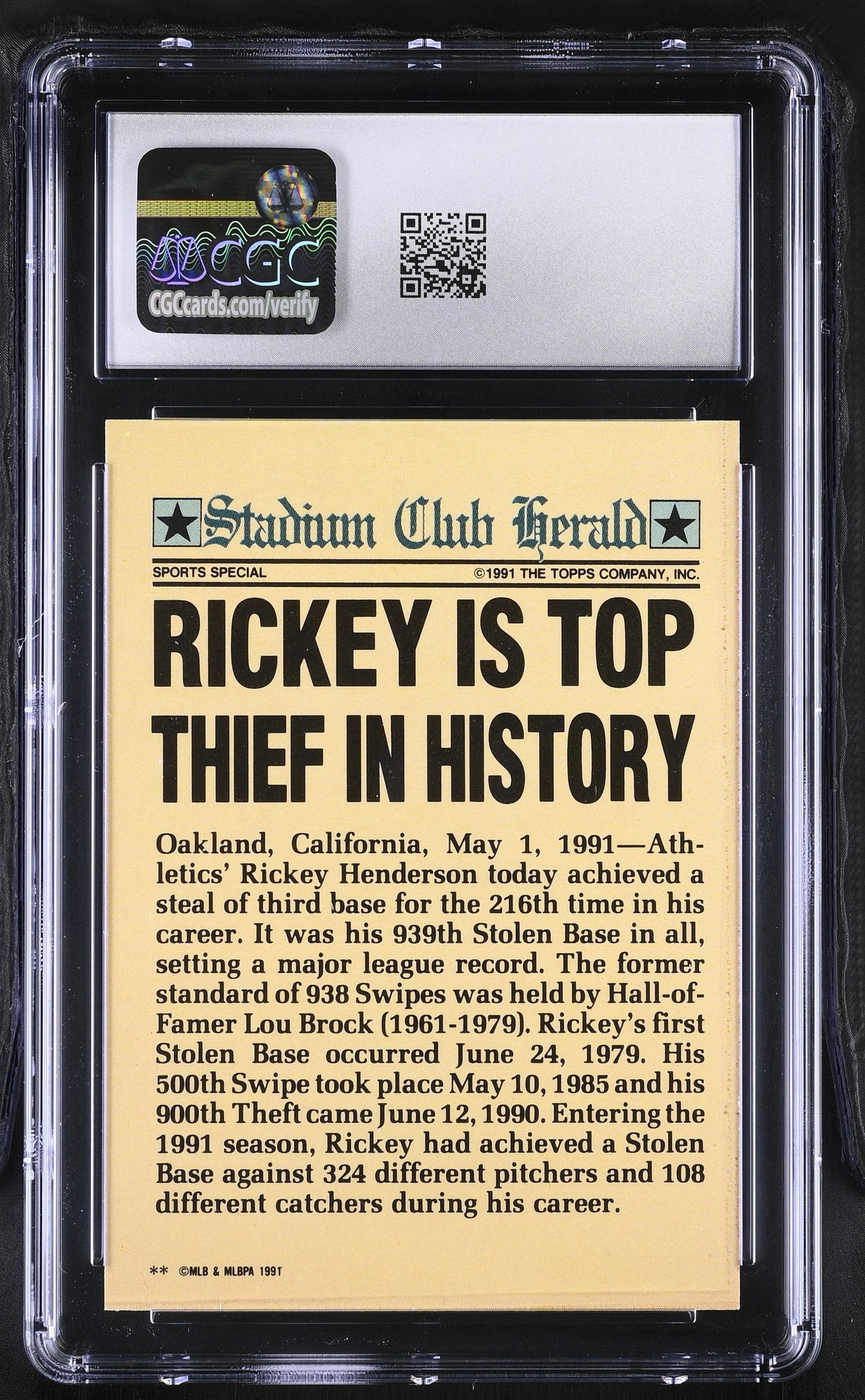 1991 Stadium Club Members Only Rickey Henderson CGC 9.5 Oakland Athletics