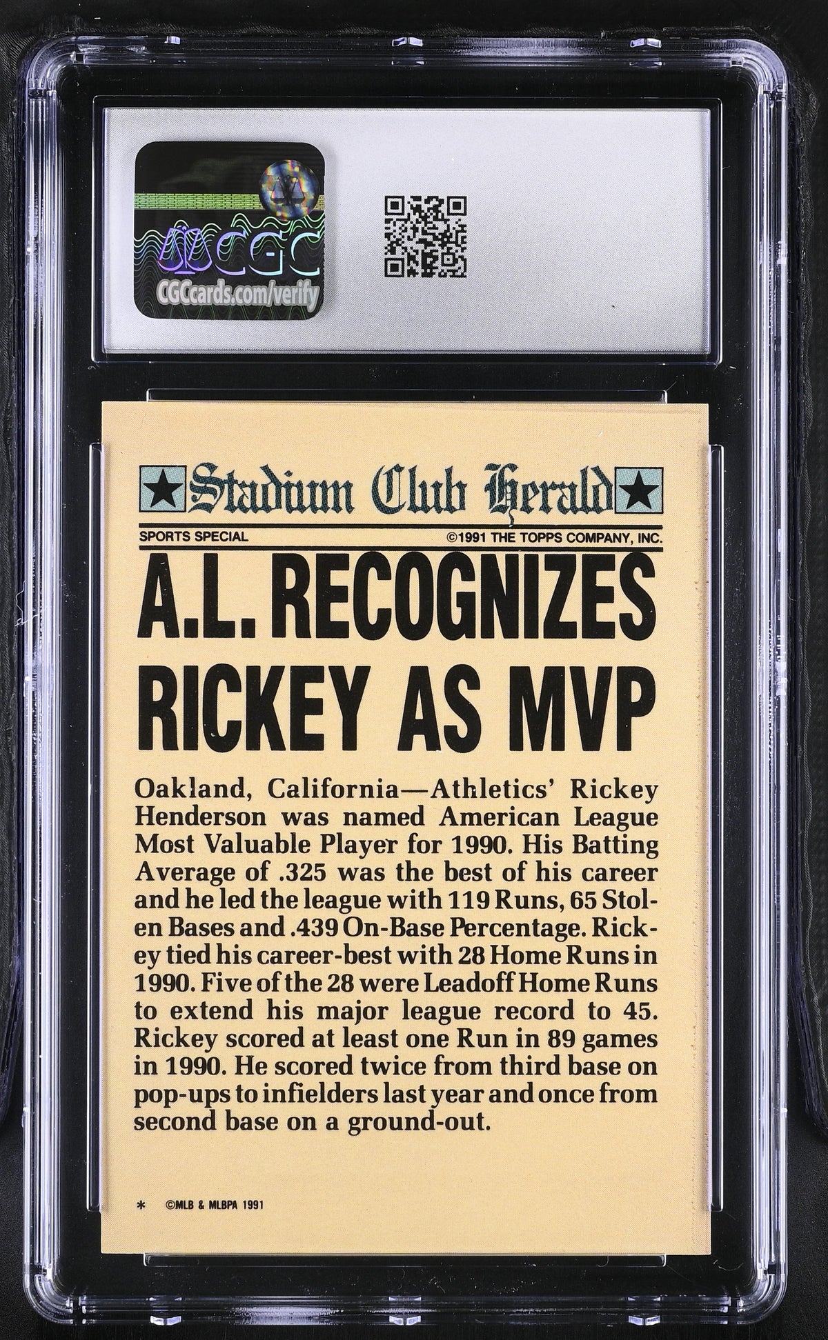 1991 Stadium Club Charter Member Rickey Henderson CGC 9.5 Oakland Athletics