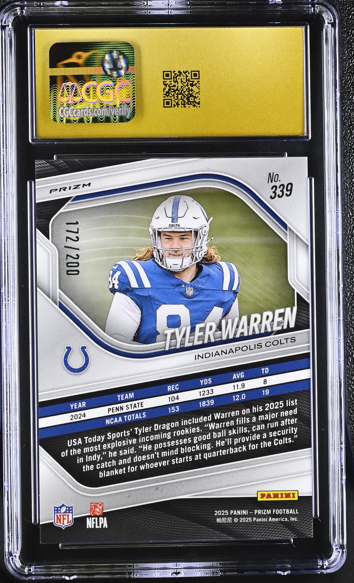 2025 Panini Prizm Tyler Warren Hyper /200 Rookie #339 CGC 10 Pristine Colts