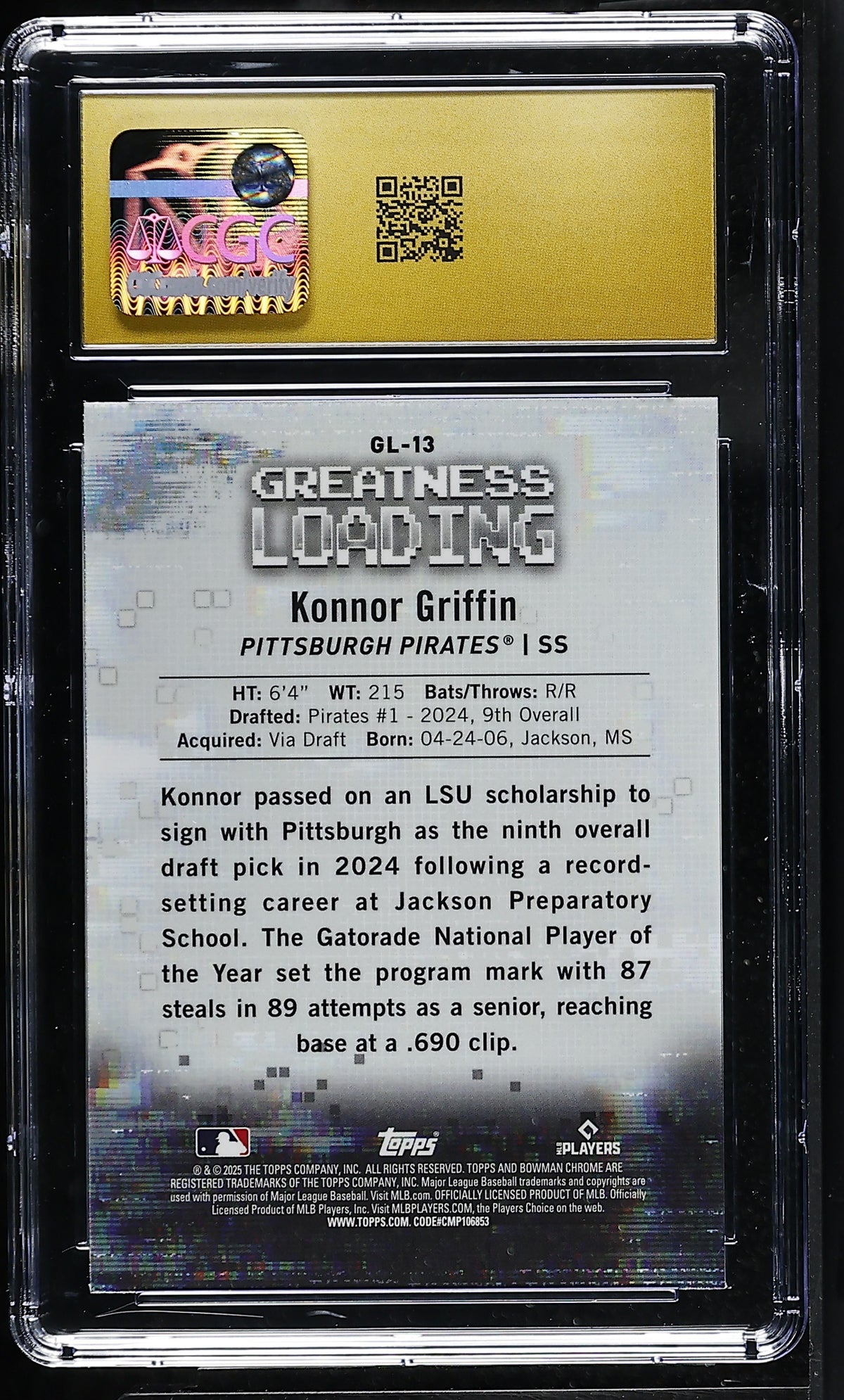 2025 Bowman Konnor Griffin Rookie Greatness Loading #13 CGC 10 Pristine Pirates