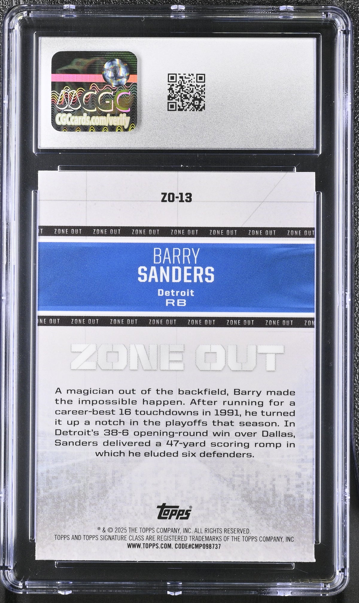 2024 Topps Signature Class Barry Sanders Teal /225 Zone Out #ZO-13 CGC 10 Lions