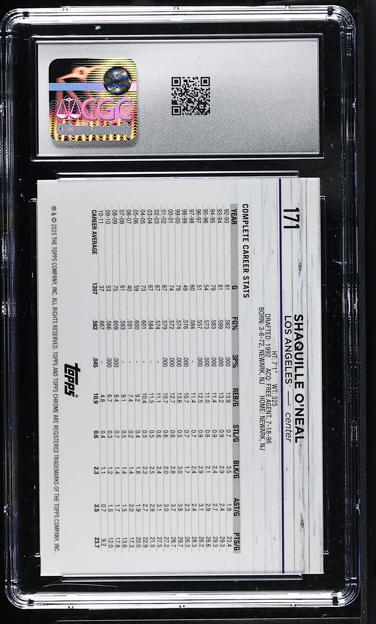 2024-25 Topps Chrome Shaquille O'Neal Purple Speckle Refractor /299 CGC 10 Laker