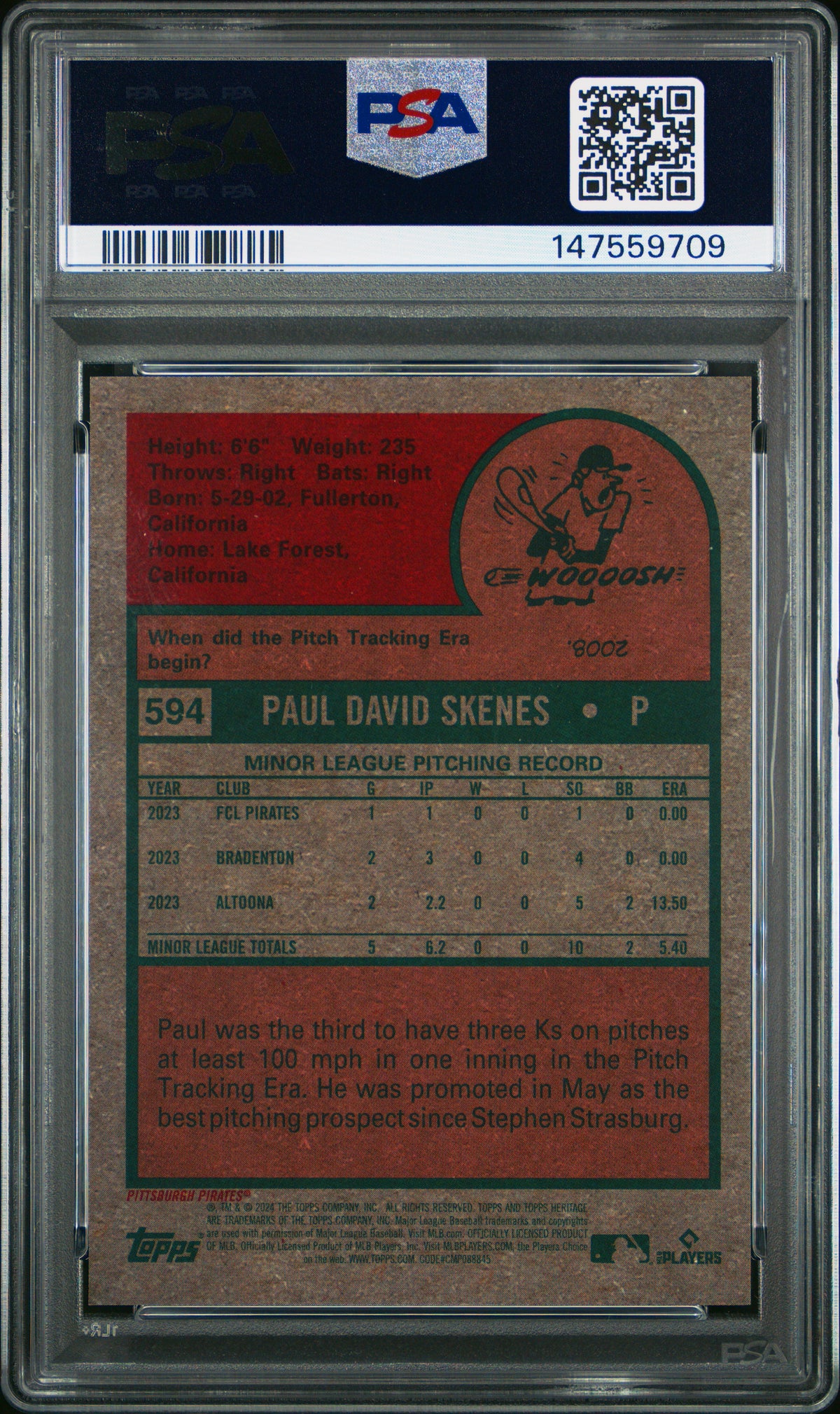 2024 Topps Heritage Paul Skenes Chrome Purple Border Rookie #594 PSA 9 Pirates