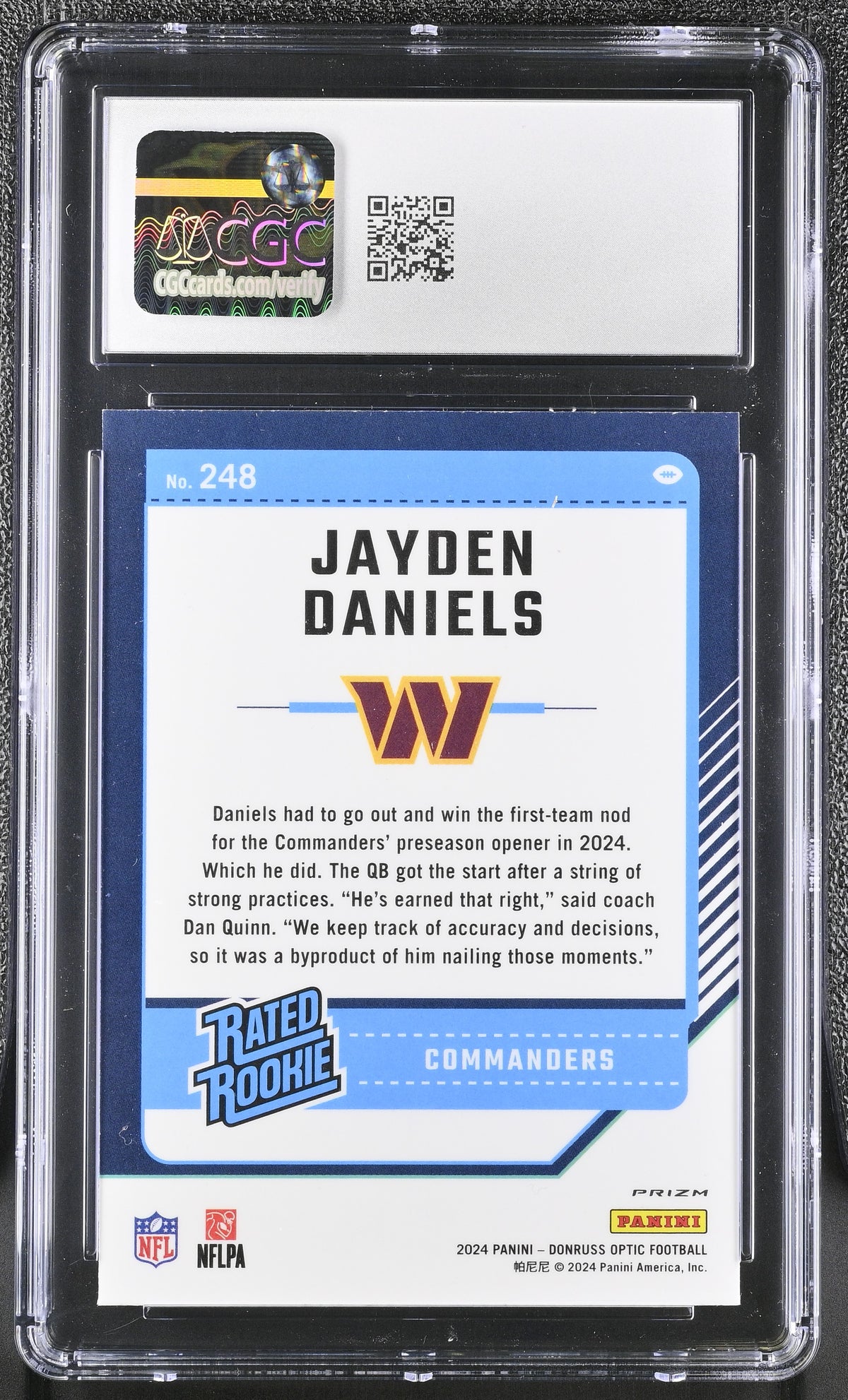 2024 Donruss Optic Jayden Daniels Purple Shock Rookie #248 CGC 10 Commanders